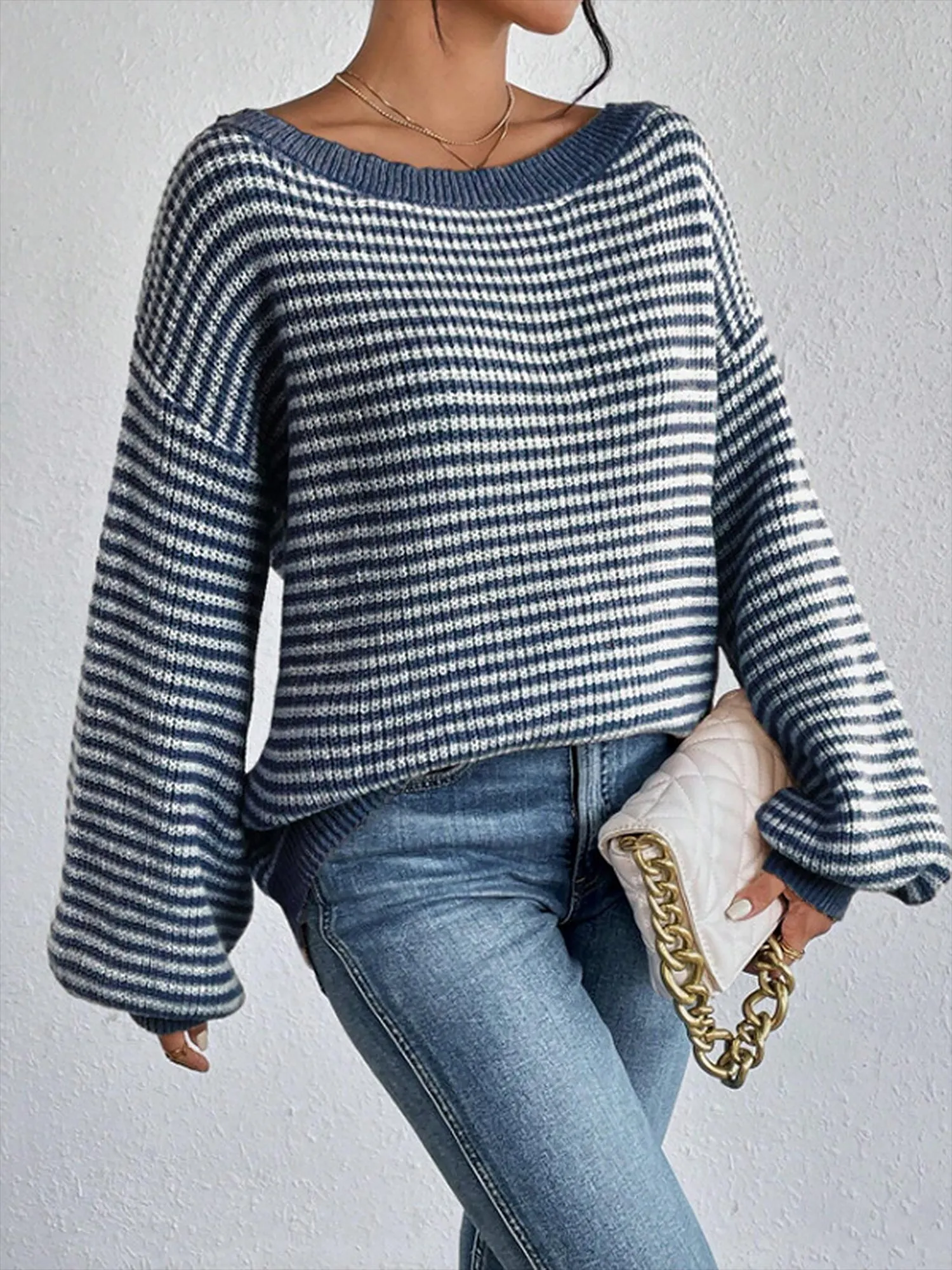 Striped Off Shoulder Long Sleeves Ribbed Knit Sweater sold by Allegra K product image thumbnail 3