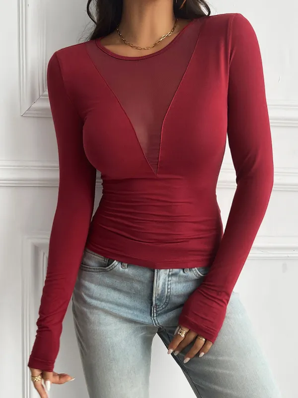 Breathable Nylon Round Neck Mesh Sheer Long Sleeves Blouse sold by Allegra K