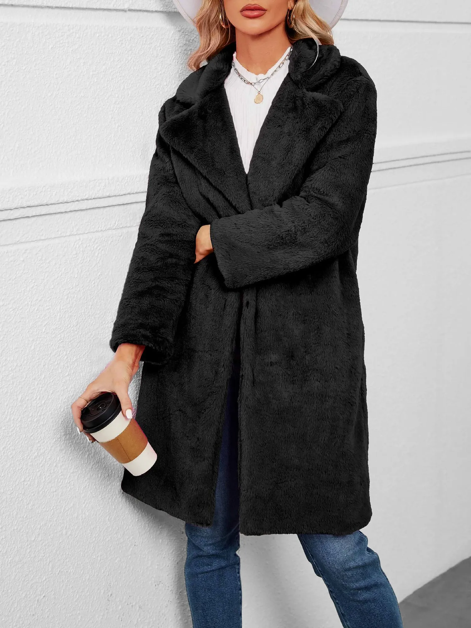 Faux Fur Notched Lapel Long Sleeves Jacket sold by Allegra K