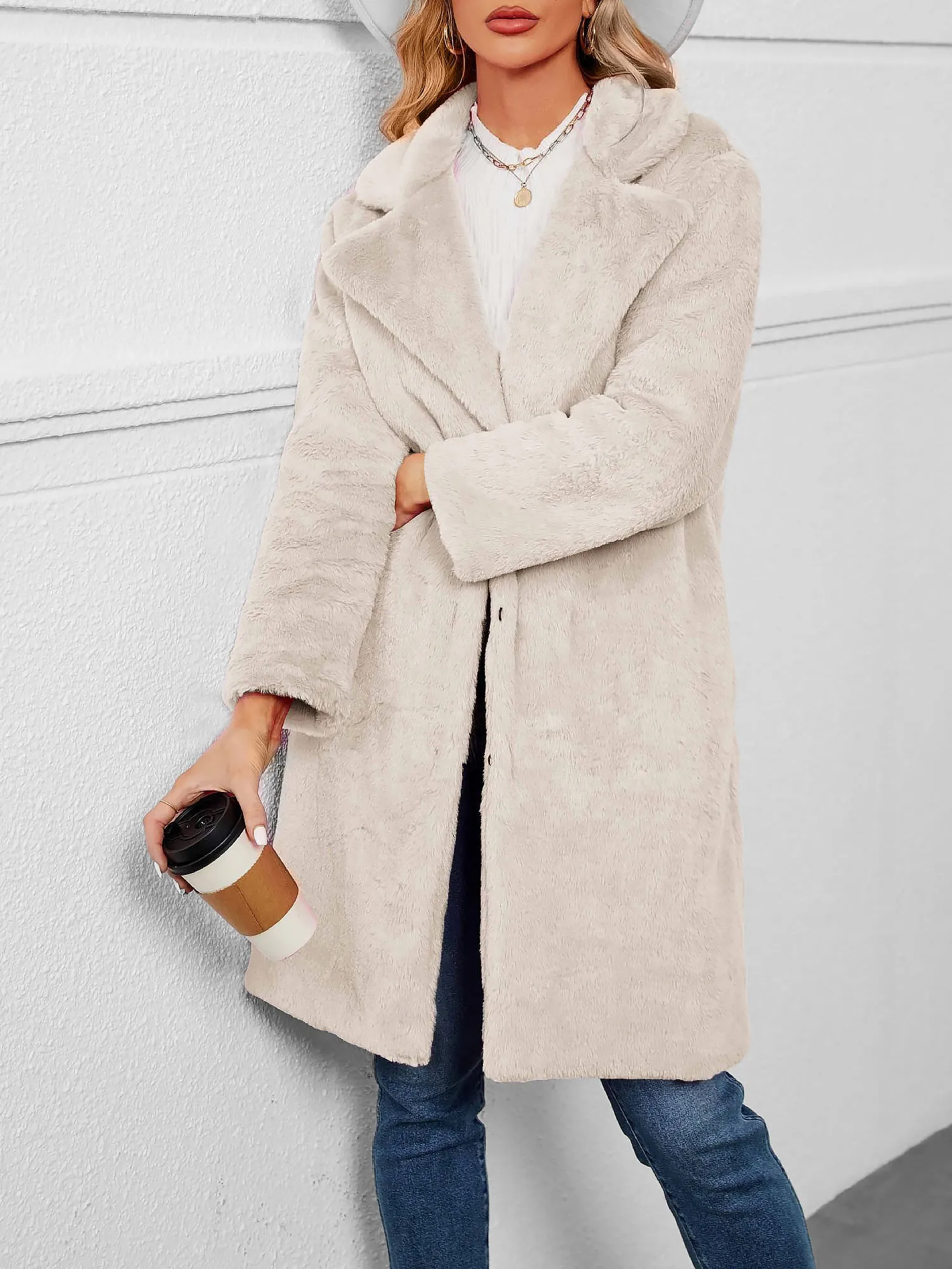 Faux Fur Notched Lapel Long Sleeves Jacket sold by Allegra K product image thumbnail 5