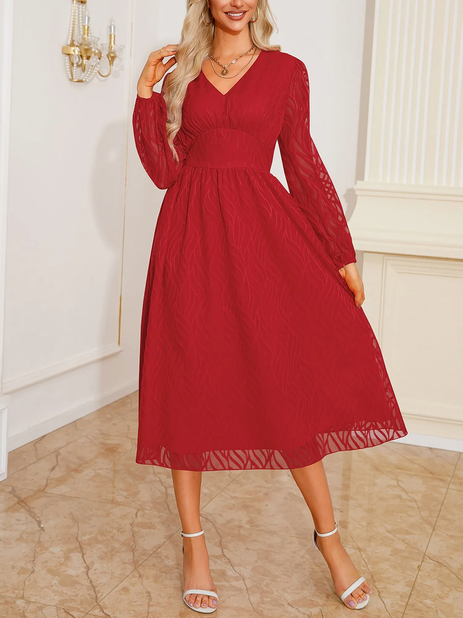 Lantern Sleeve Textured A-Line Midi Dress sold by Allegra K