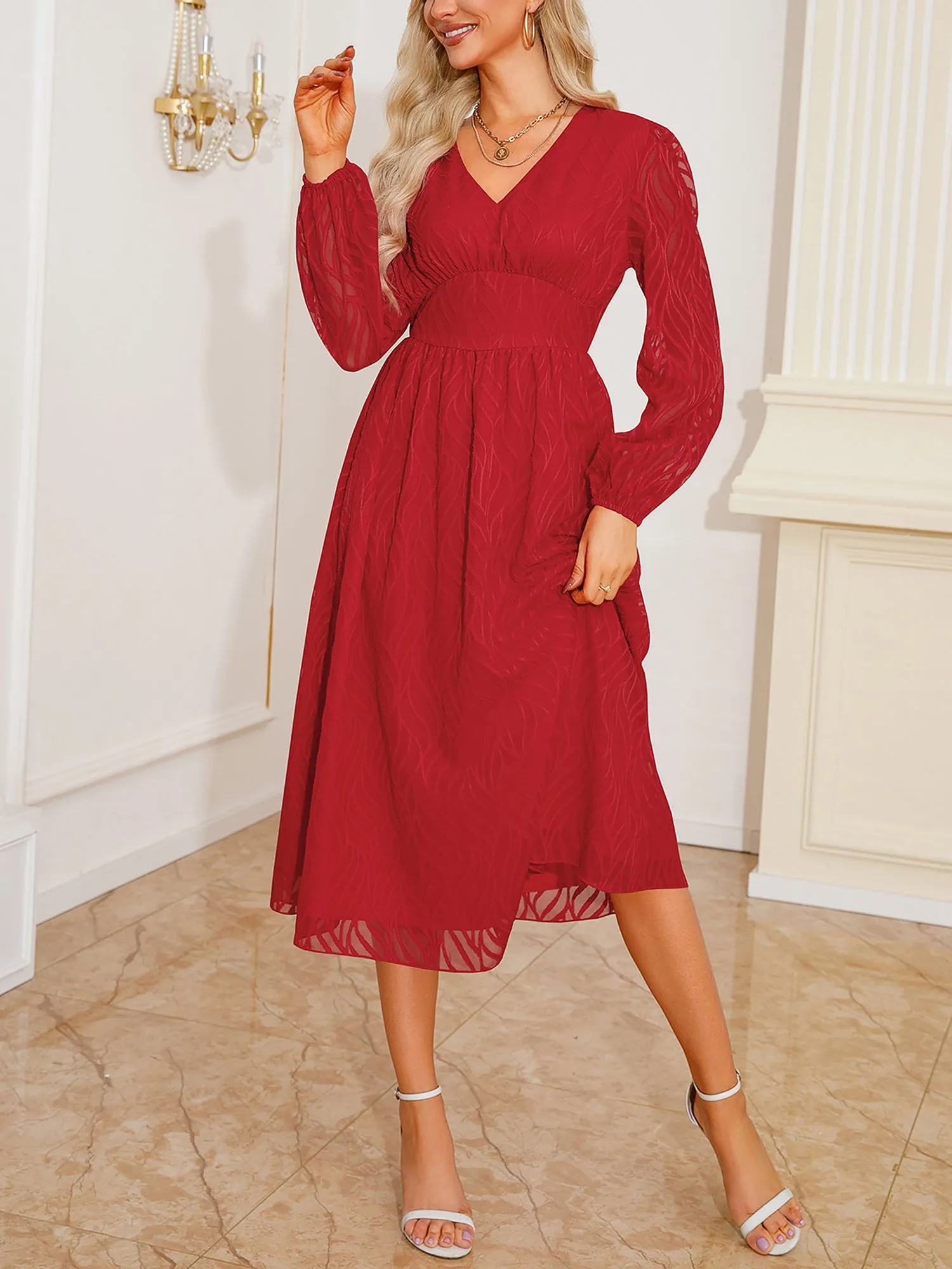 Lantern Sleeve Textured A-Line Midi Dress sold by Allegra K product image thumbnail 3