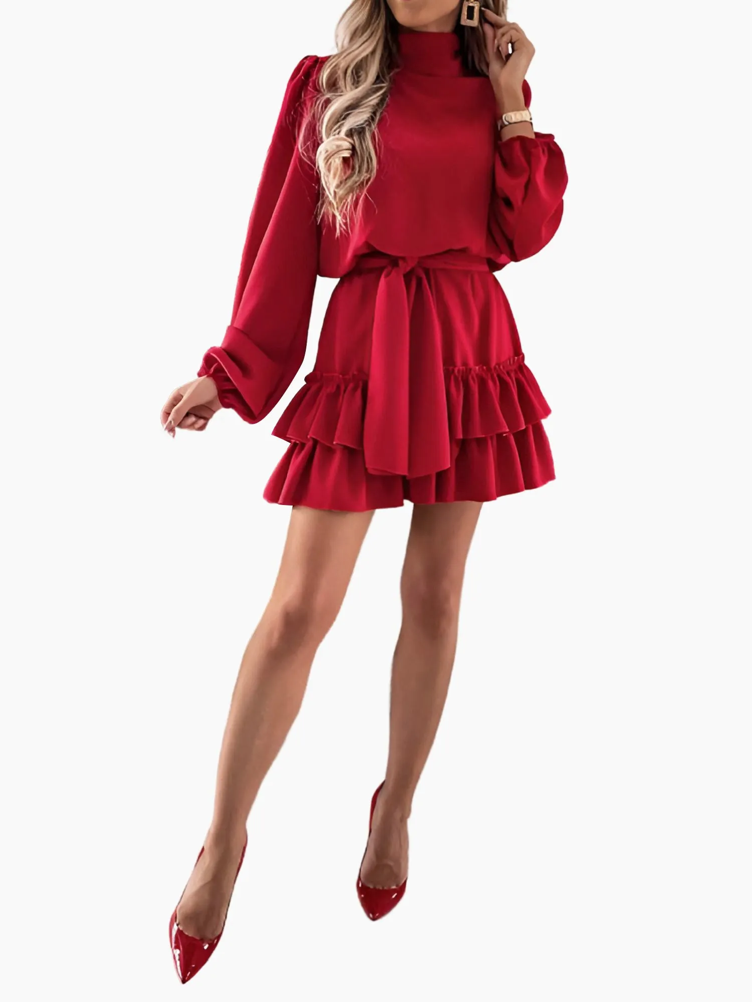 Lantern Sleeve Mock Neck Ruffled Tiered Mini Dress sold by Allegra K product image thumbnail 4