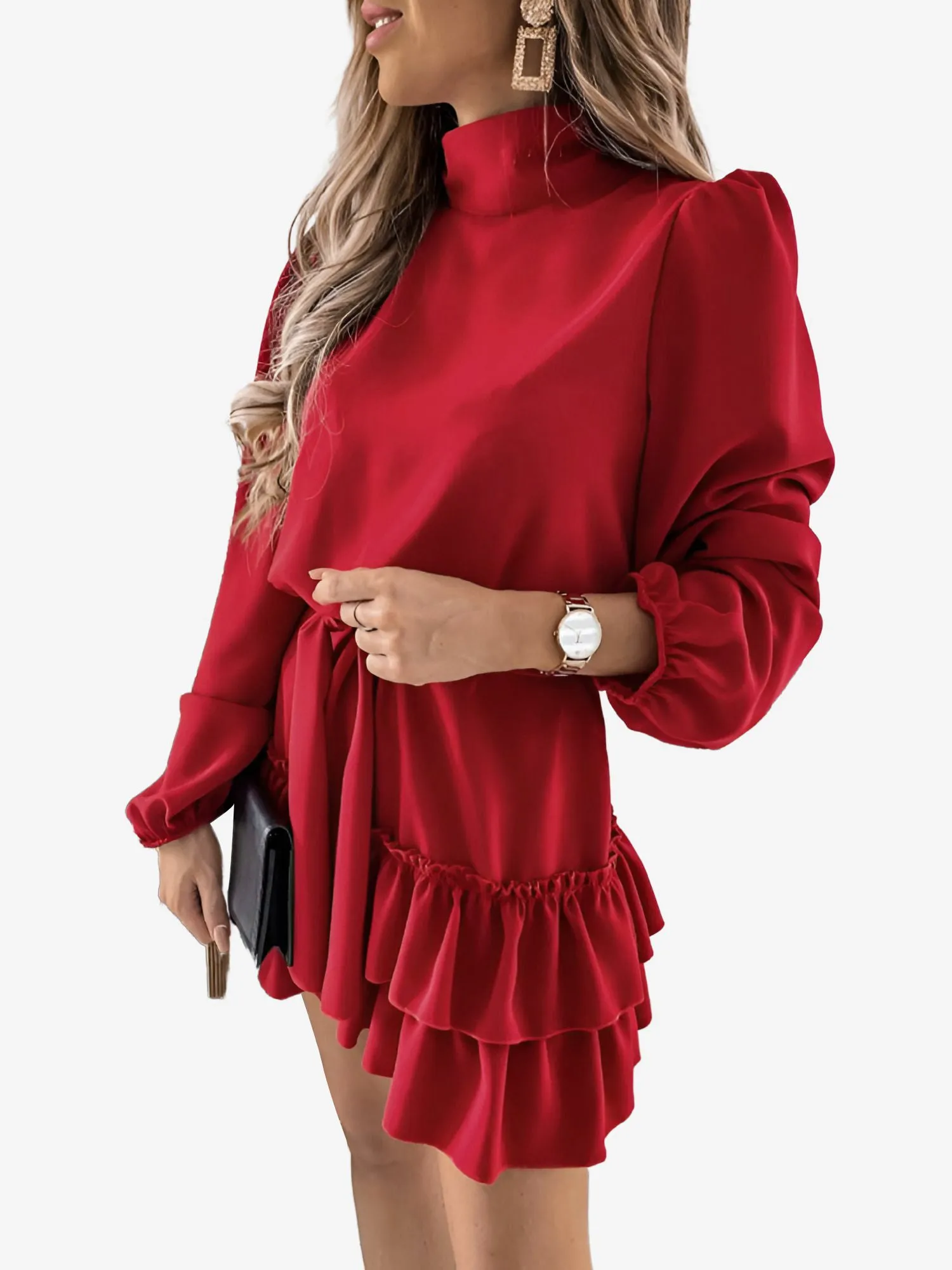 Lantern Sleeve Mock Neck Ruffled Tiered Mini Dress sold by Allegra K product image thumbnail 2
