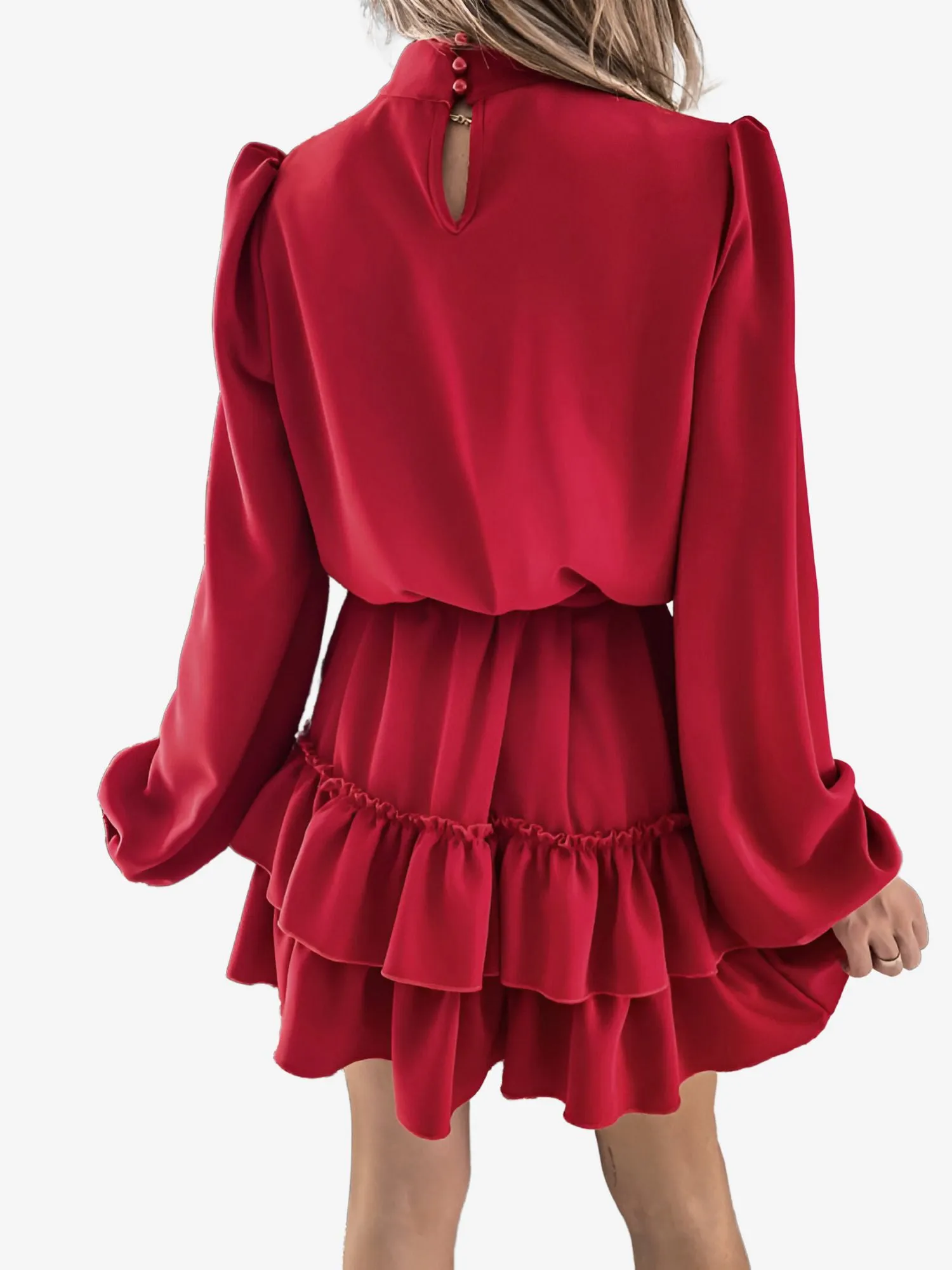 Lantern Sleeve Mock Neck Ruffled Tiered Mini Dress sold by Allegra K product image thumbnail 3
