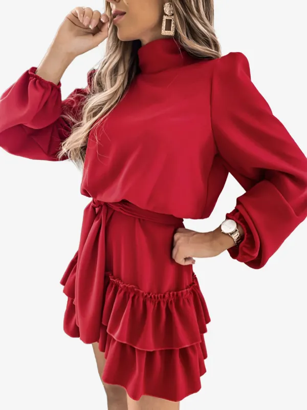 Lantern Sleeve Mock Neck Ruffled Tiered Mini Dress sold by Allegra K