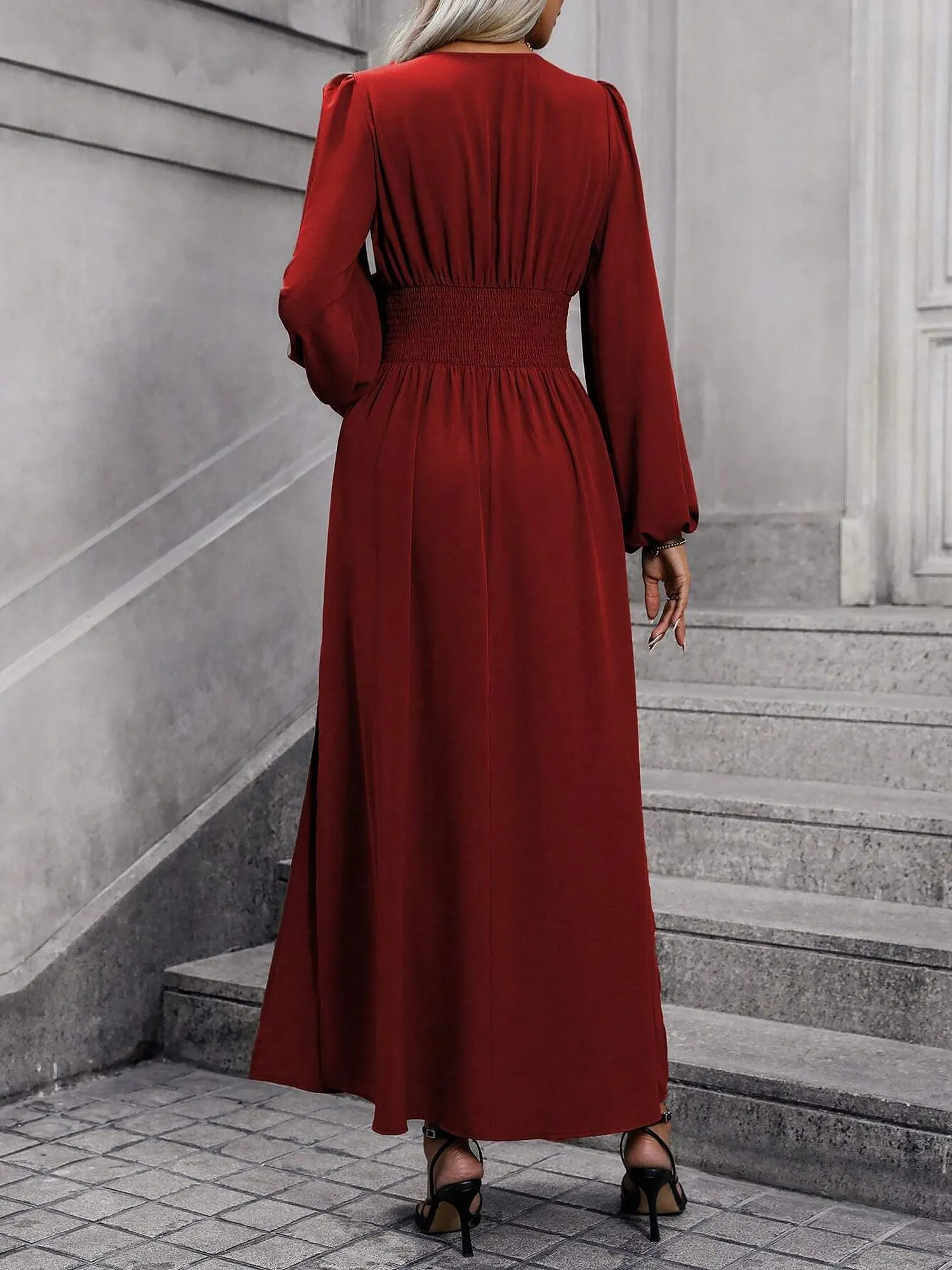 Solid Color V Neck Lantern Sleeves Slit Midi Dress sold by Allegra K product image thumbnail 3