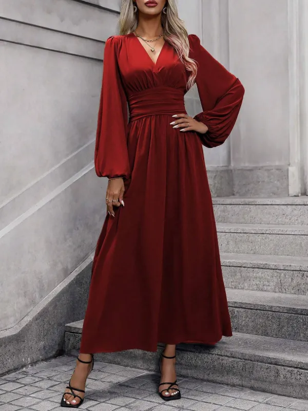 Solid Color V Neck Lantern Sleeves Slit Midi Dress sold by Allegra K
