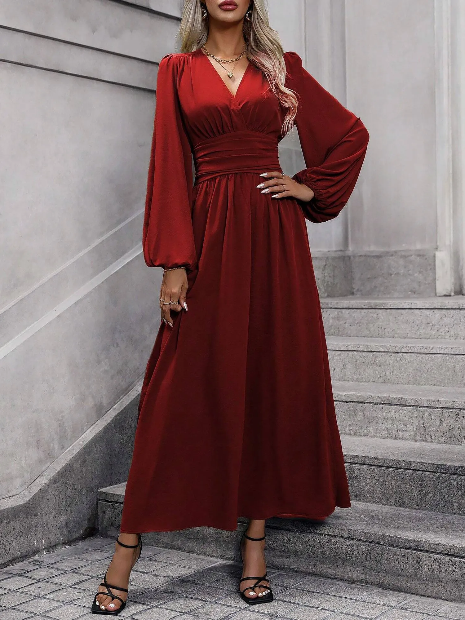 Solid Color V Neck Lantern Sleeves Slit Midi Dress sold by Allegra K