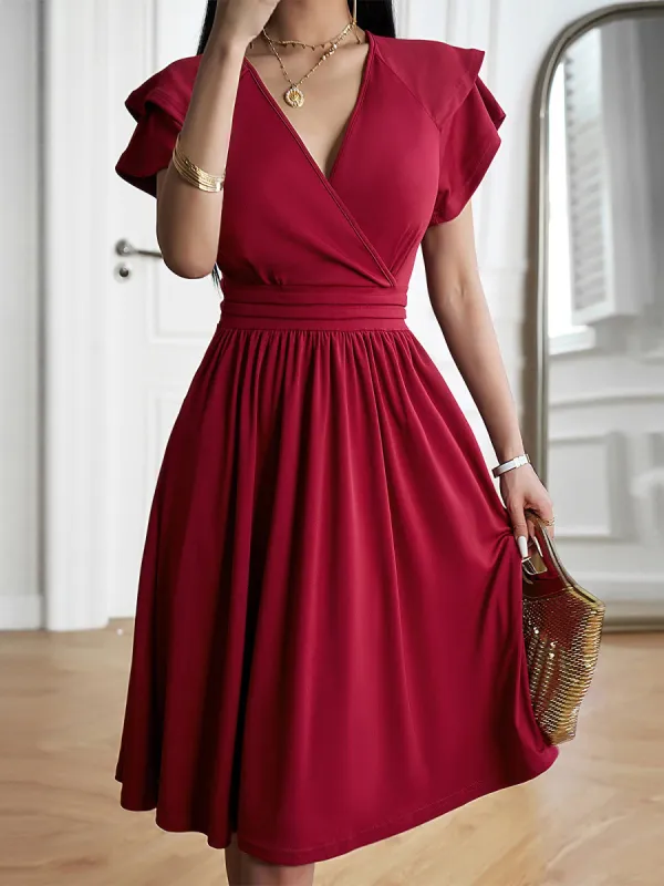 Breathable Cotton Blend Solid Color V Neck Ruffled Sleeve Midi Date Nights & Garden Parties Dress sold by Allegra K