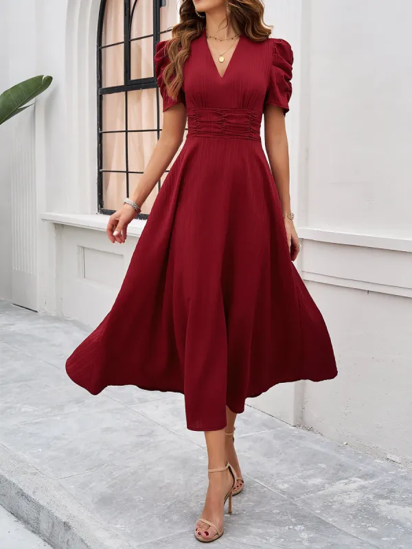Textured Puff Short Sleeve Ruched Midi A-Line Dress Raised Fabric Cinched Waist and Casual-Chic Design sold by Allegra K