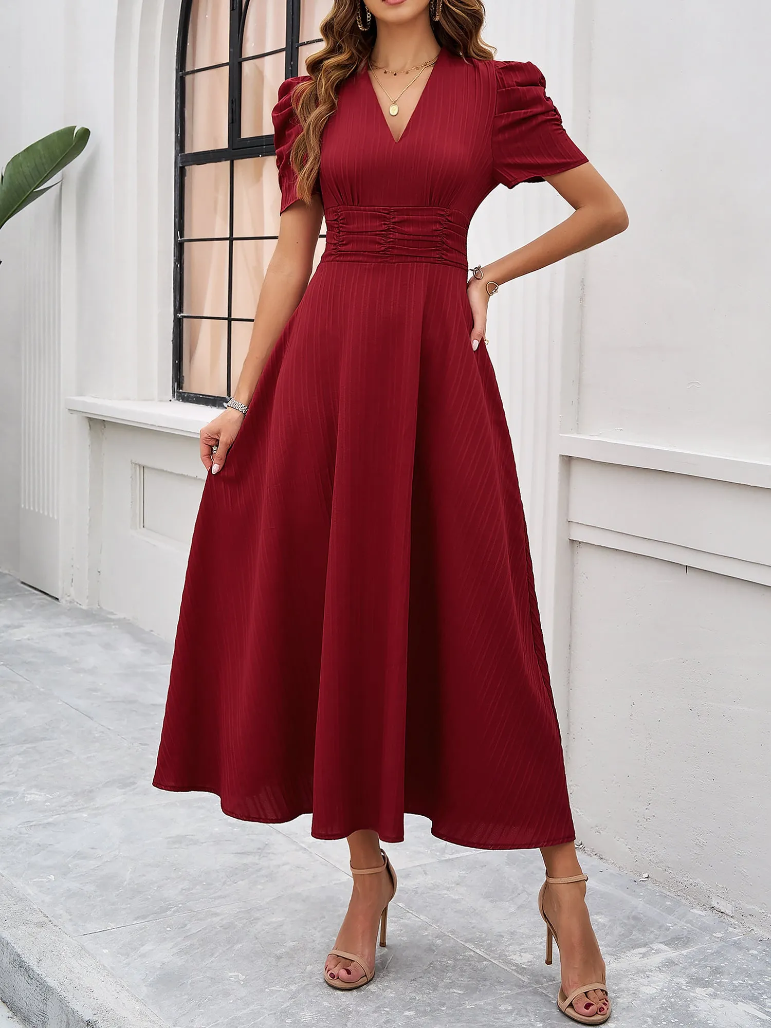 Textured Puff Short Sleeve Ruched Midi A-Line Dress Raised Fabric Cinched Waist and Casual-Chic Design sold by Allegra K product image thumbnail 2