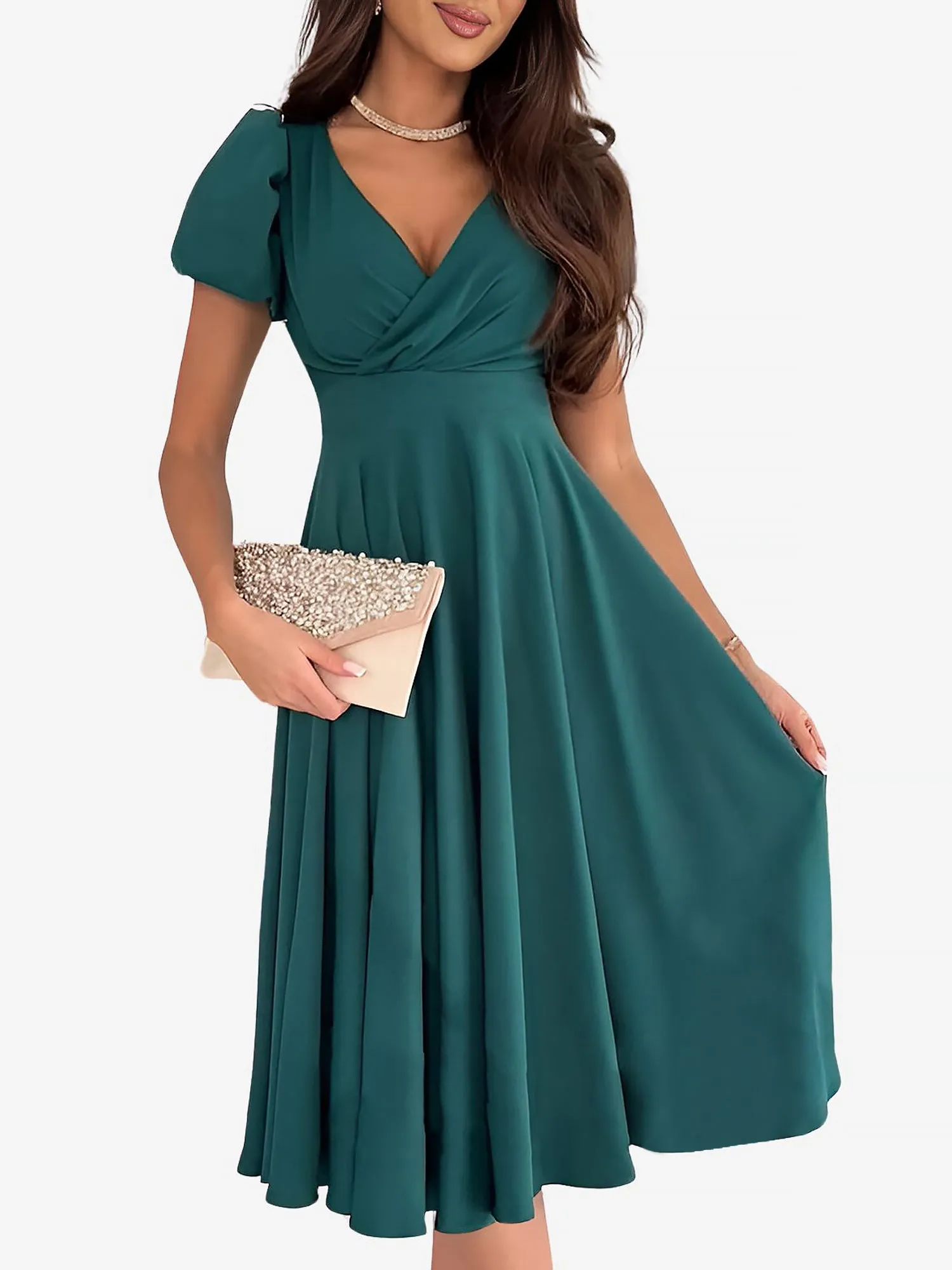 Versatile Crewneck Solid Color V Neck Puff Short Sleeve Midi Dress with Elastic Waist sold by Allegra K product image thumbnail 5