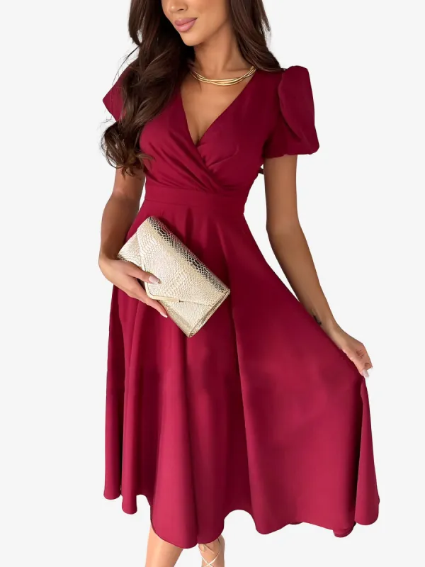 Versatile Crewneck Solid Color V Neck Puff Short Sleeve Midi Dress with Elastic Waist sold by Allegra K
