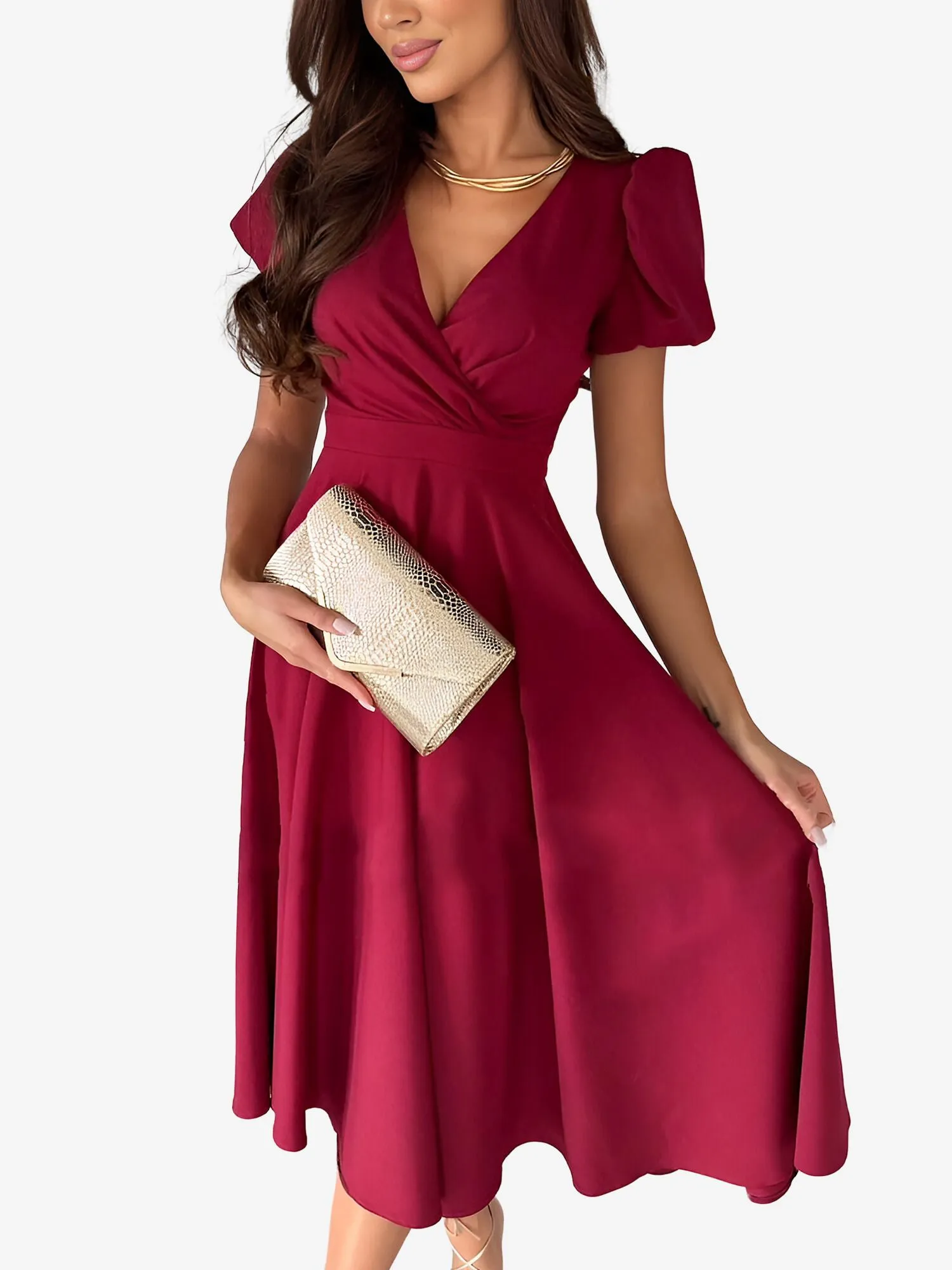 Versatile Crewneck Solid Color V Neck Puff Short Sleeve Midi Dress with Elastic Waist sold by Allegra K