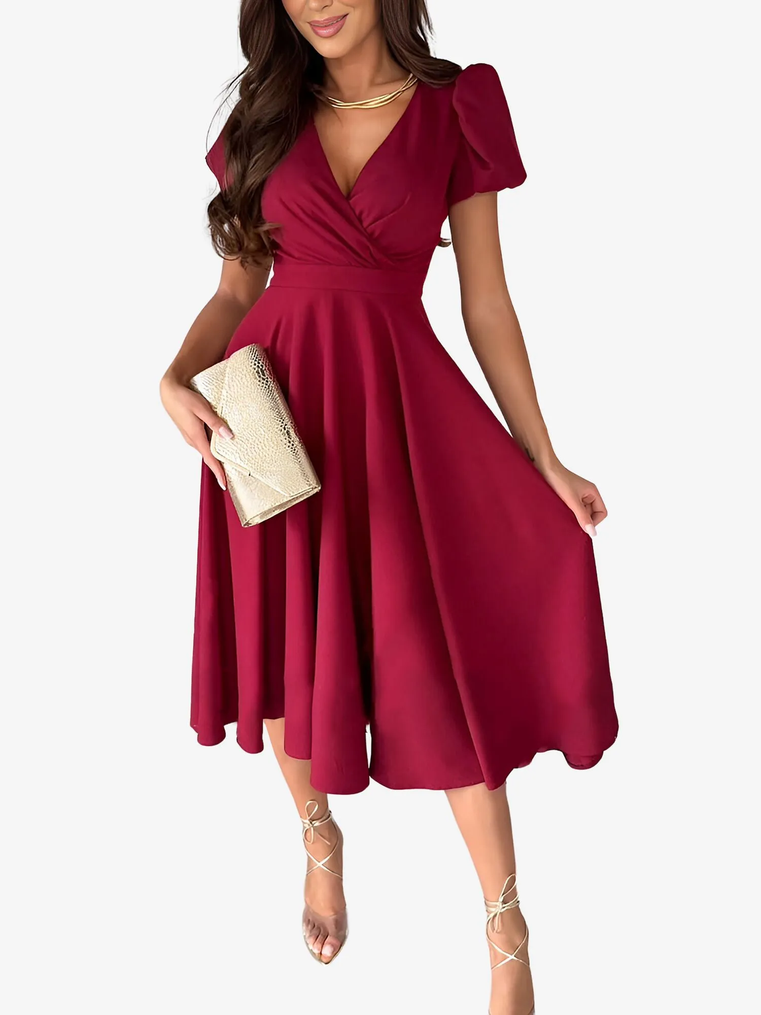 Versatile Crewneck Solid Color V Neck Puff Short Sleeve Midi Dress with Elastic Waist sold by Allegra K product image thumbnail 3