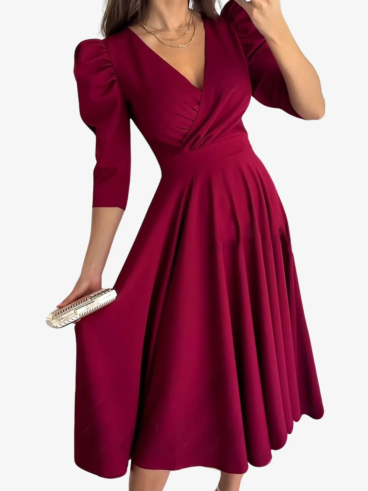 Solid Color V-Neck Puff Sleeve A-Line Midi Dress sold by Allegra K