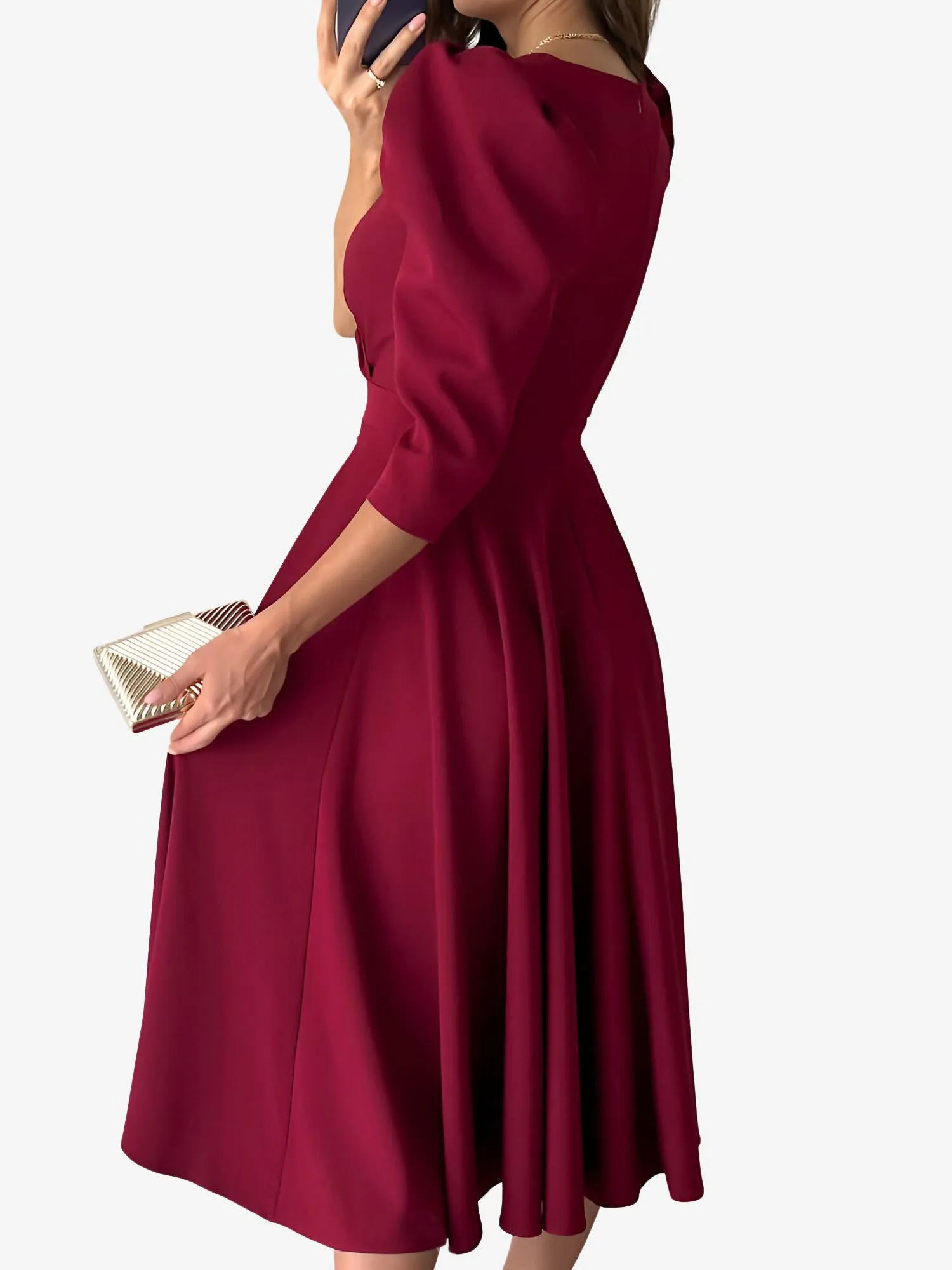 Solid Color V-Neck Puff Sleeve A-Line Midi Dress sold by Allegra K product image thumbnail 2