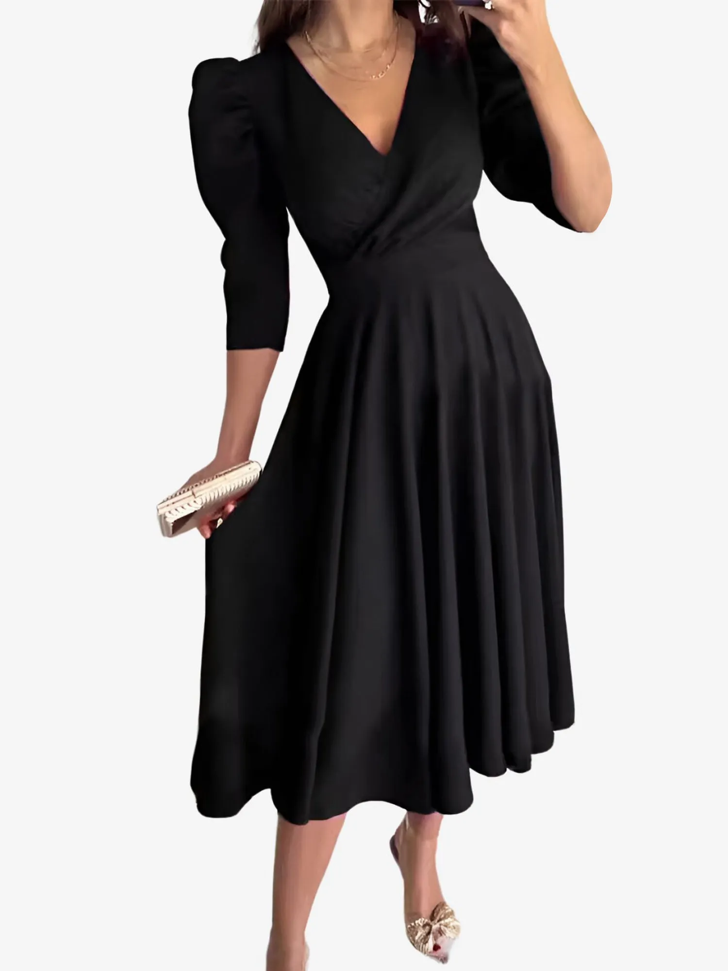 Solid Color V-Neck Puff Sleeve A-Line Midi Dress sold by Allegra K product image thumbnail 5