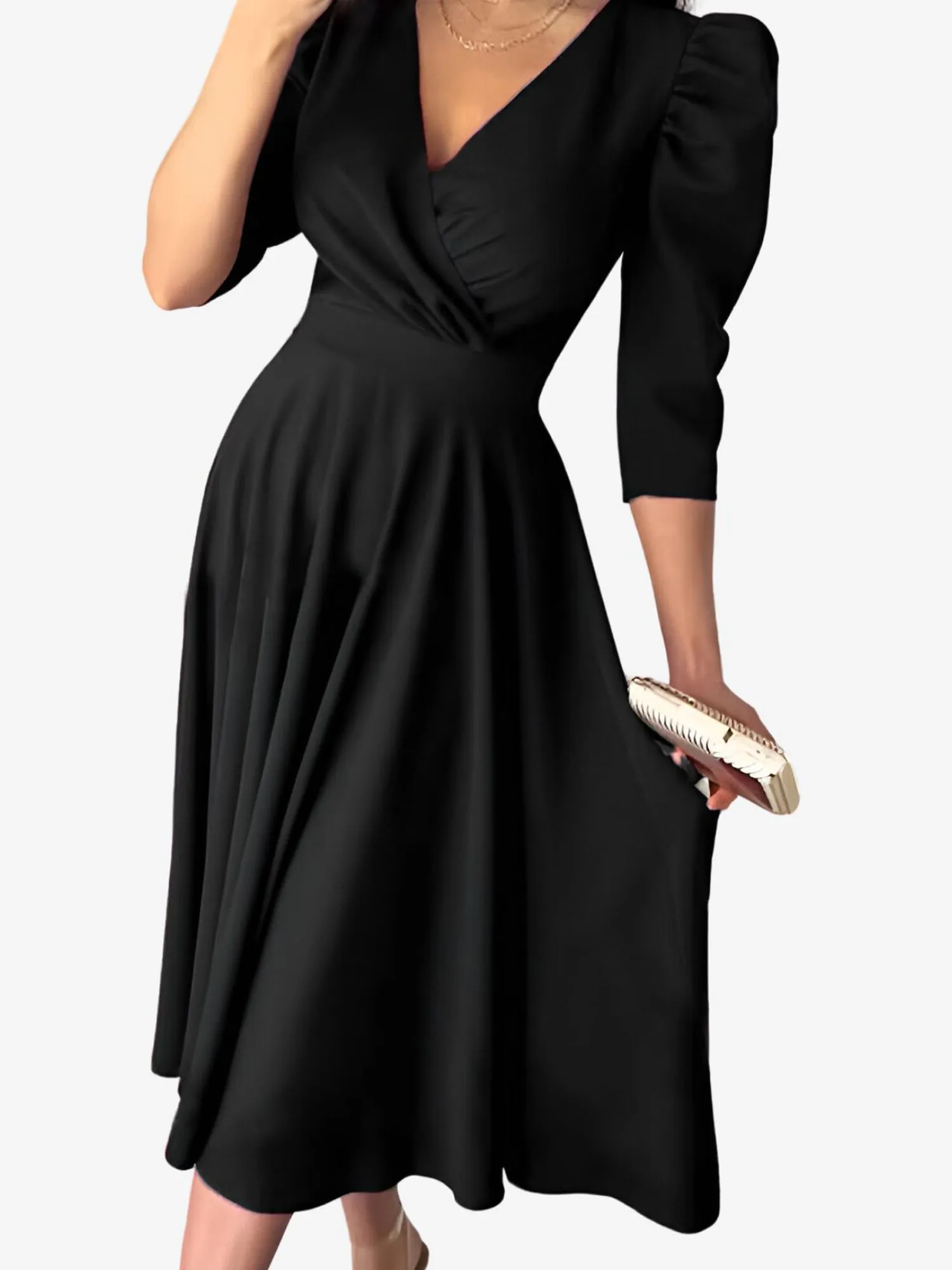 Solid Color V-Neck Puff Sleeve A-Line Midi Dress sold by Allegra K product image thumbnail 4