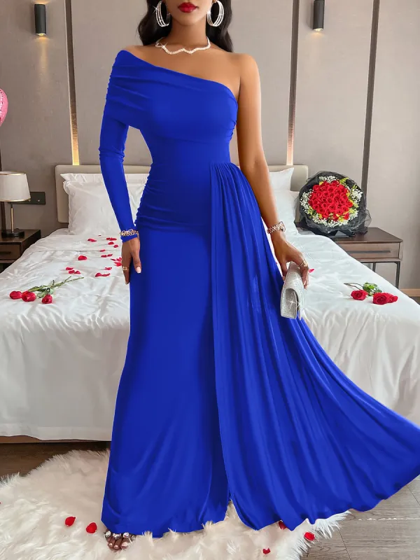 Solid Color One Shoulder Bodycon Maxi Cocktail Dress sold by Allegra K