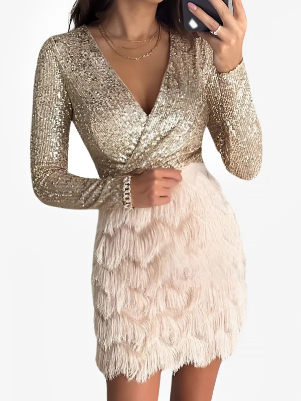 Sequin Glitter Fringe Patchwork Bodycon Mini Dress sold by Allegra K