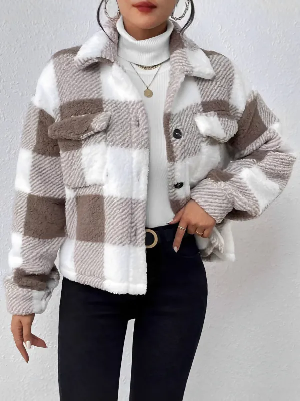 Plaid Long Sleeves Collared Casual Pile Jacket sold by Allegra K