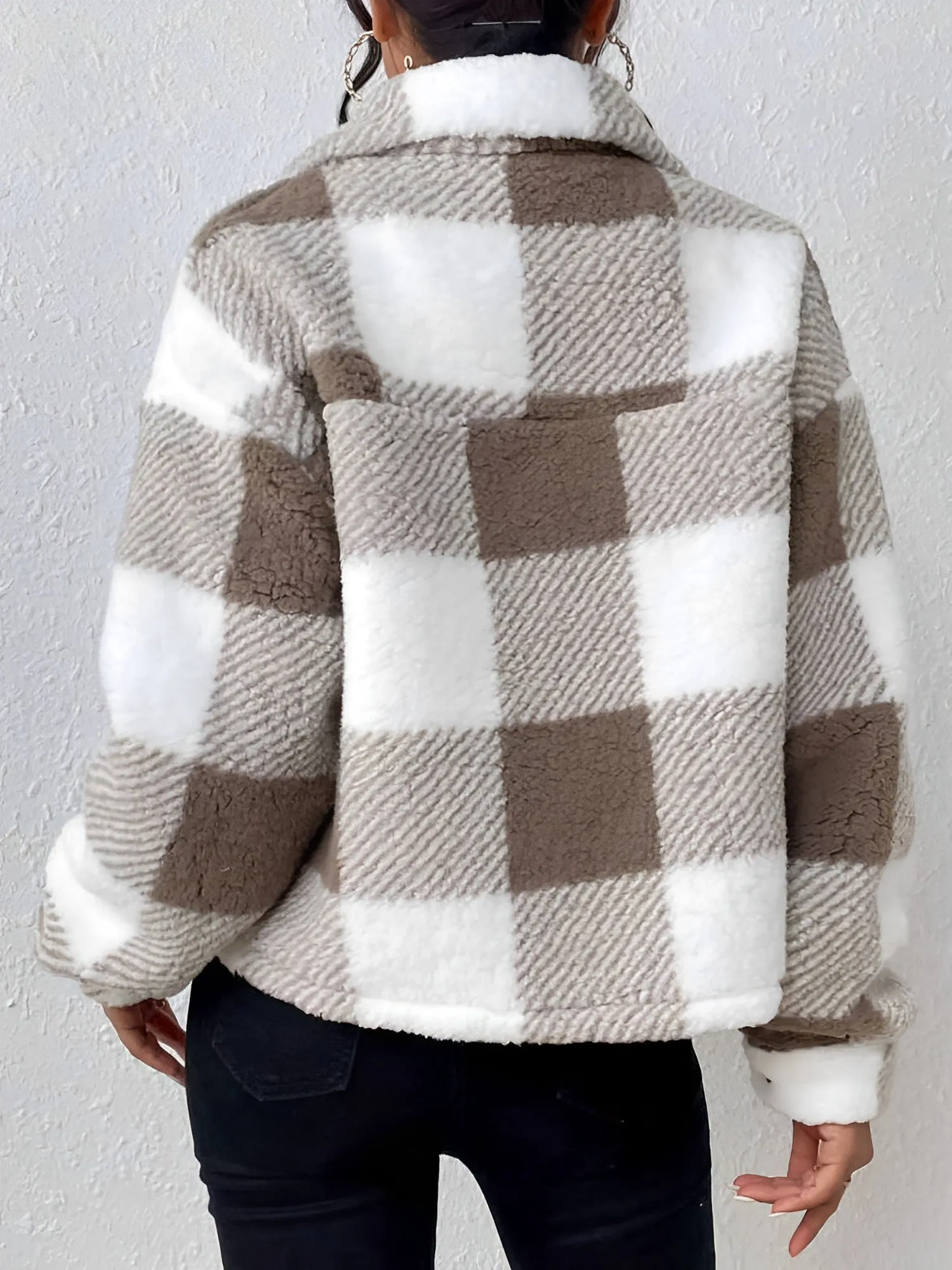 Plaid Long Sleeves Collared Casual Pile Jacket sold by Allegra K product image thumbnail 4