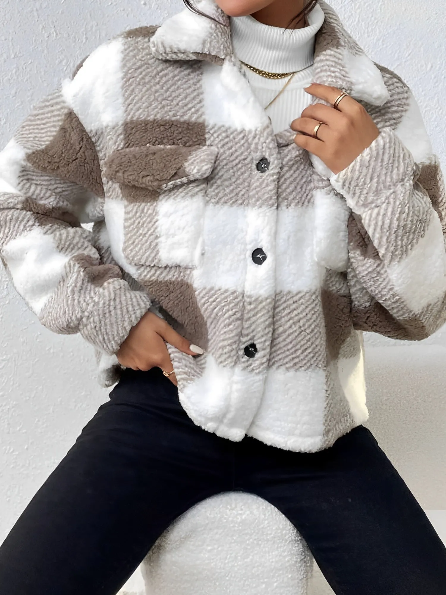 Plaid Long Sleeves Collared Casual Pile Jacket sold by Allegra K product image thumbnail 2