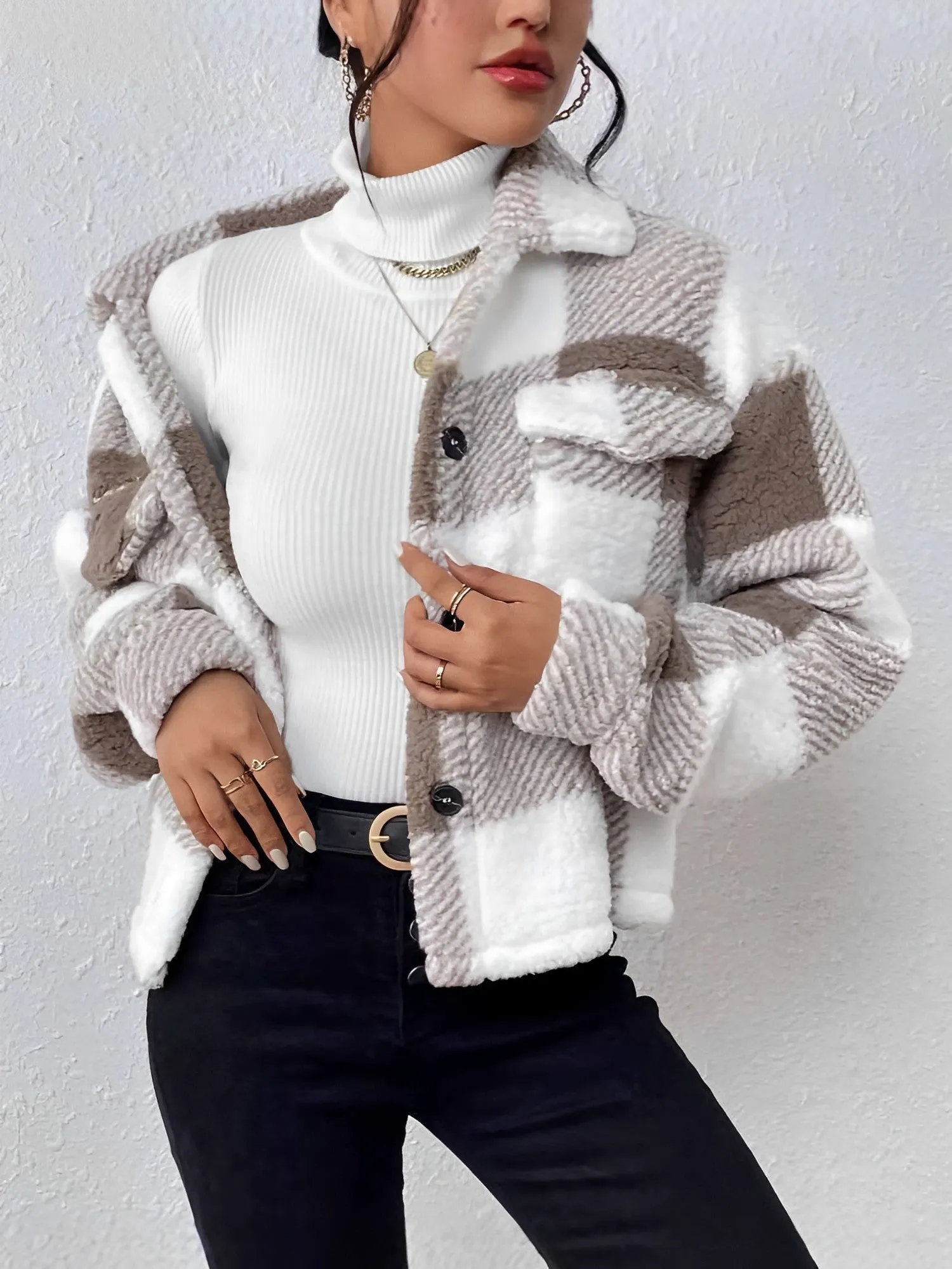 Plaid Long Sleeves Collared Casual Pile Jacket sold by Allegra K product image thumbnail 3