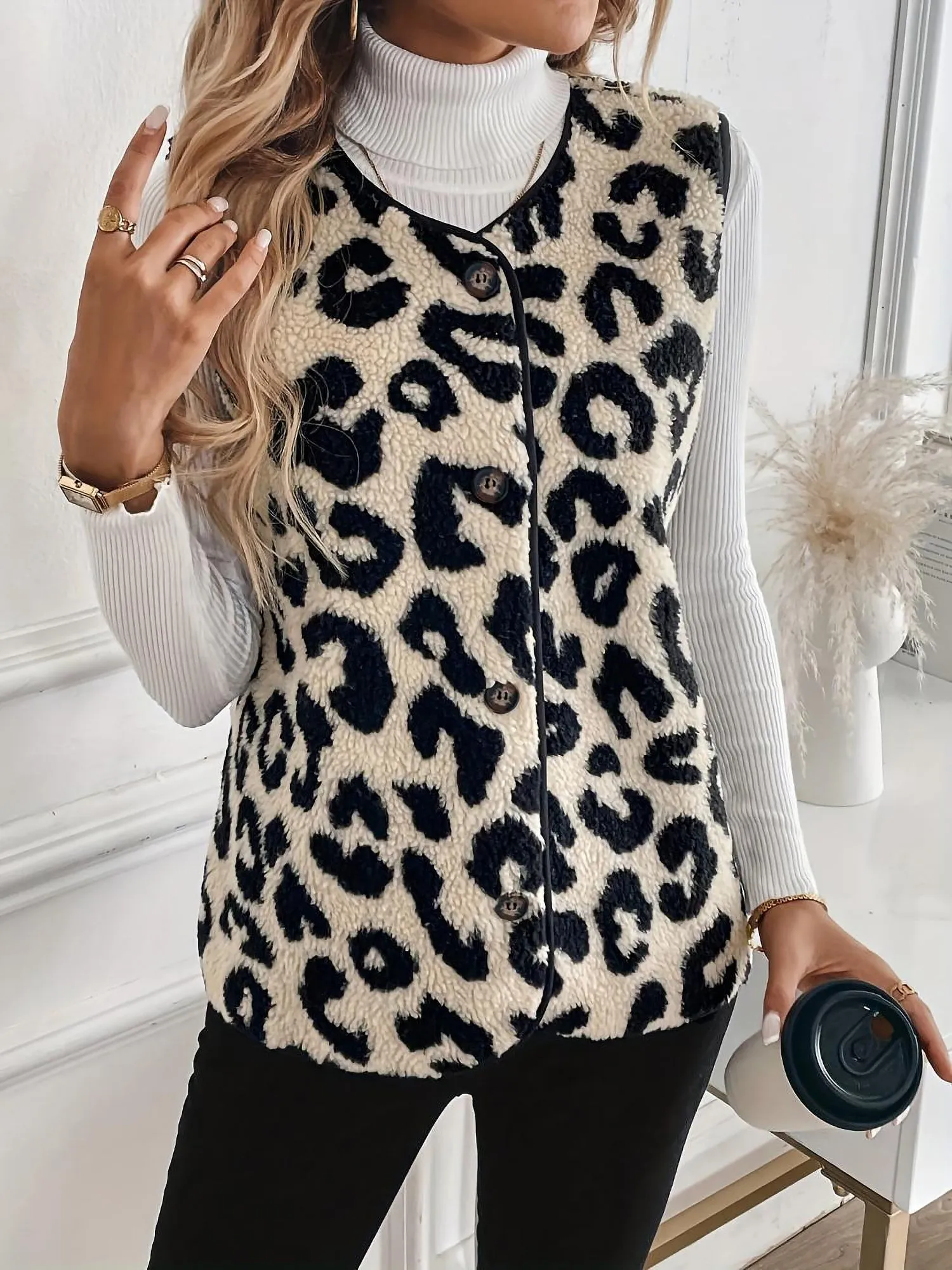 Leopard Print Front Button Sleeveless Pile Vest sold by Allegra K product image thumbnail 2