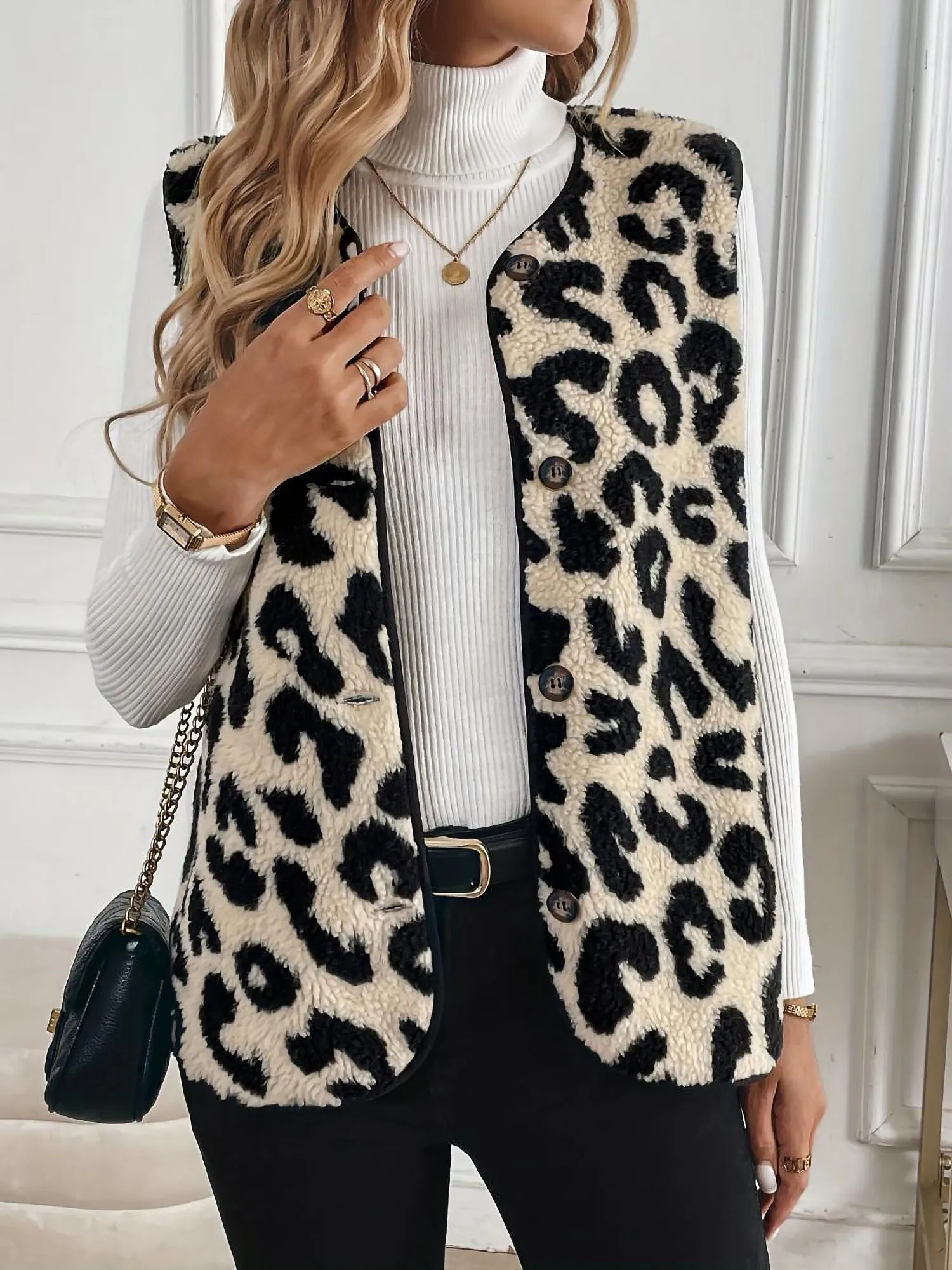 Leopard Print Front Button Sleeveless Pile Vest sold by Allegra K
