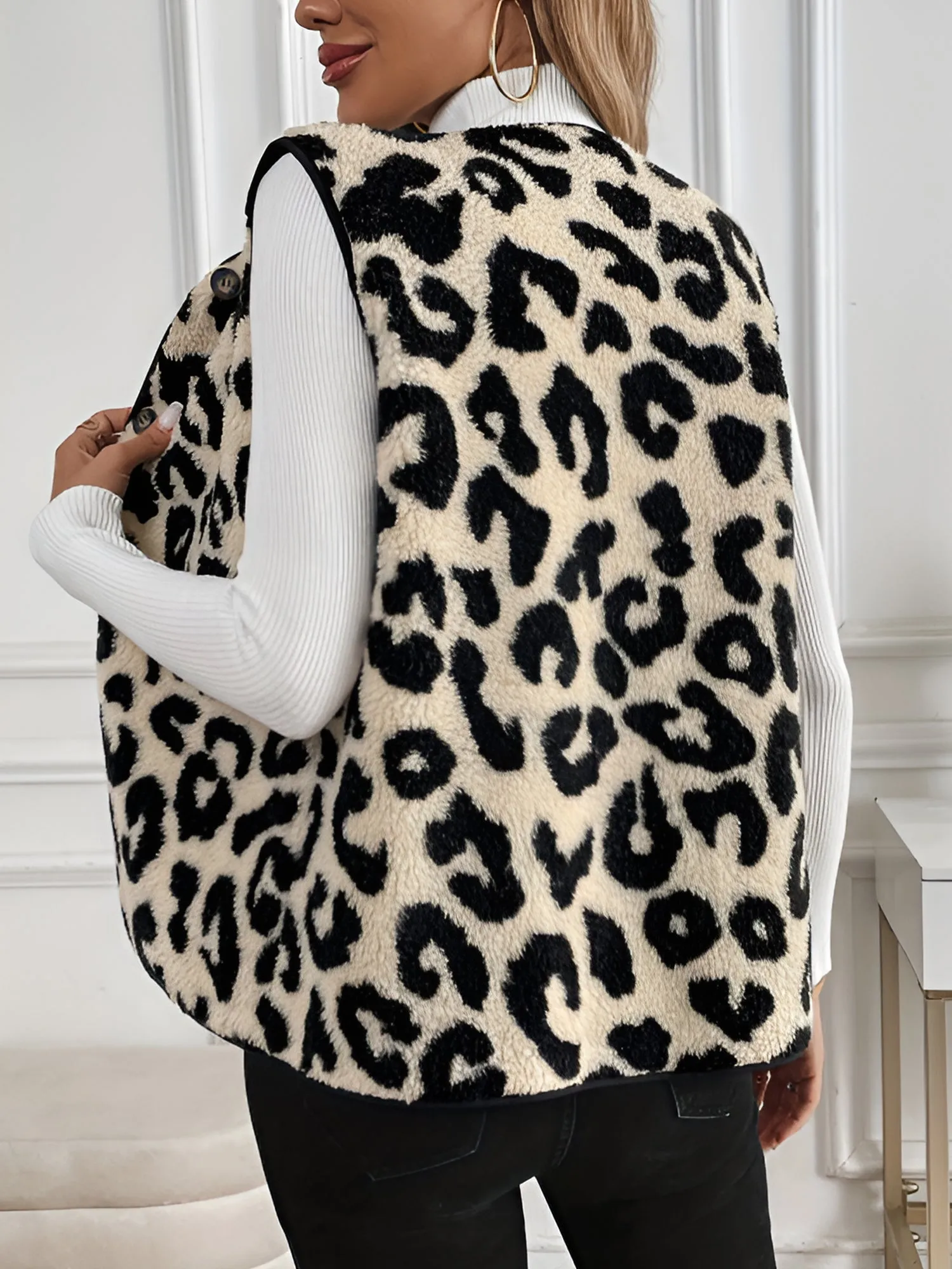 Leopard Print Front Button Sleeveless Pile Vest sold by Allegra K product image thumbnail 4
