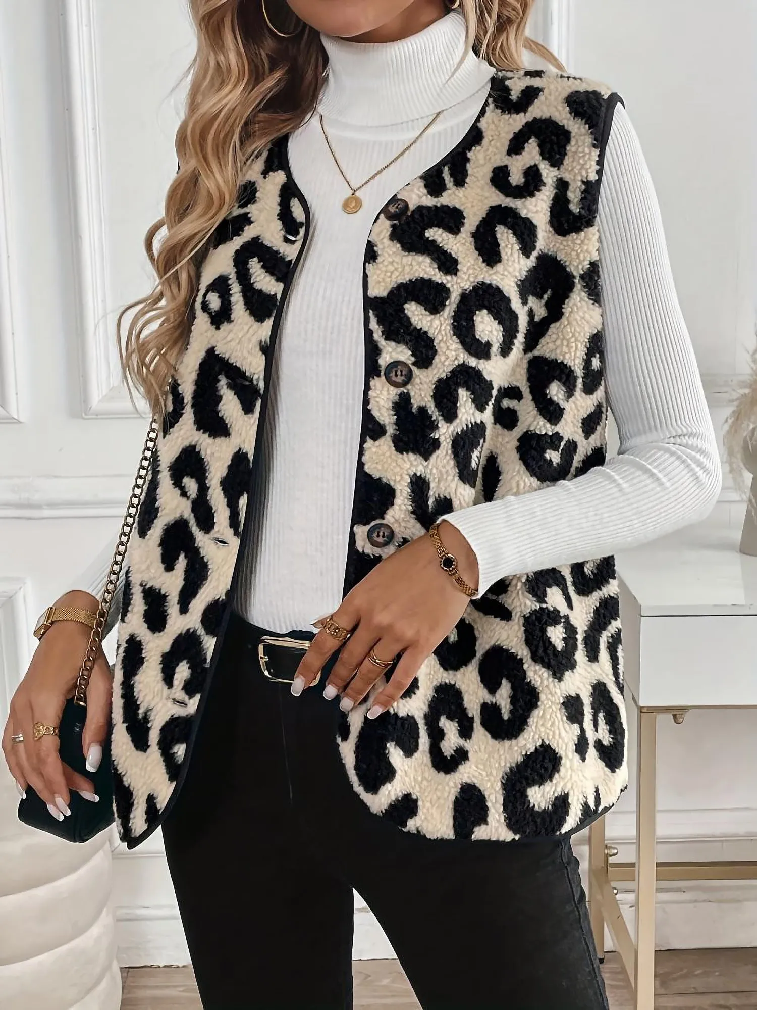 Leopard Print Front Button Sleeveless Pile Vest sold by Allegra K product image thumbnail 3