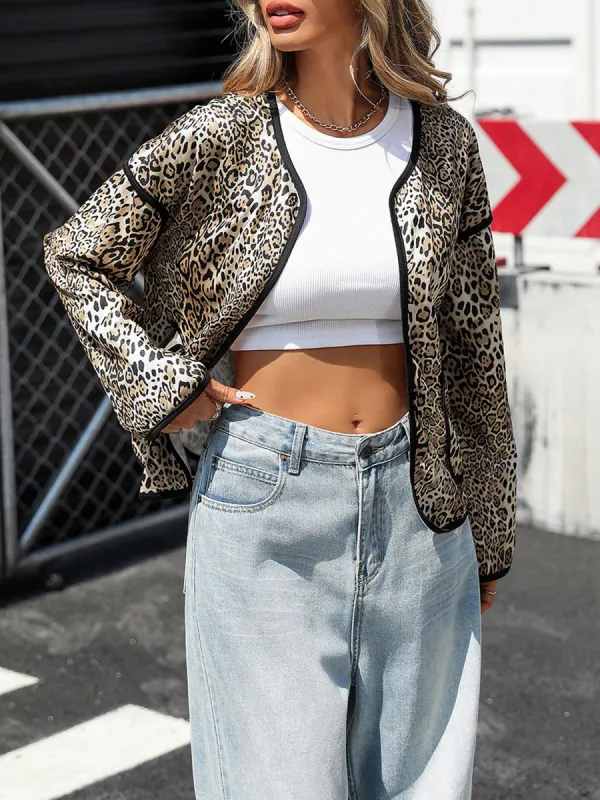 Long Sleeves Round Neck Leopard Open Front Jacket sold by Allegra K
