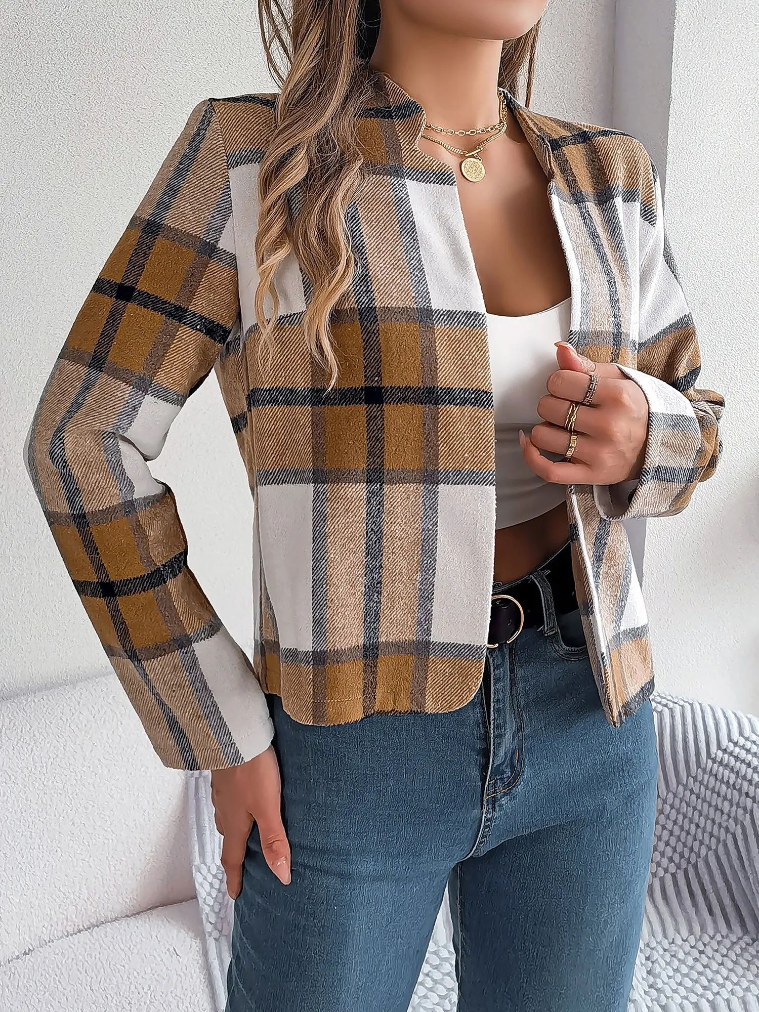 Plaid Long Sleeves Open Front Cropped Jacket sold by Allegra K product image thumbnail 3
