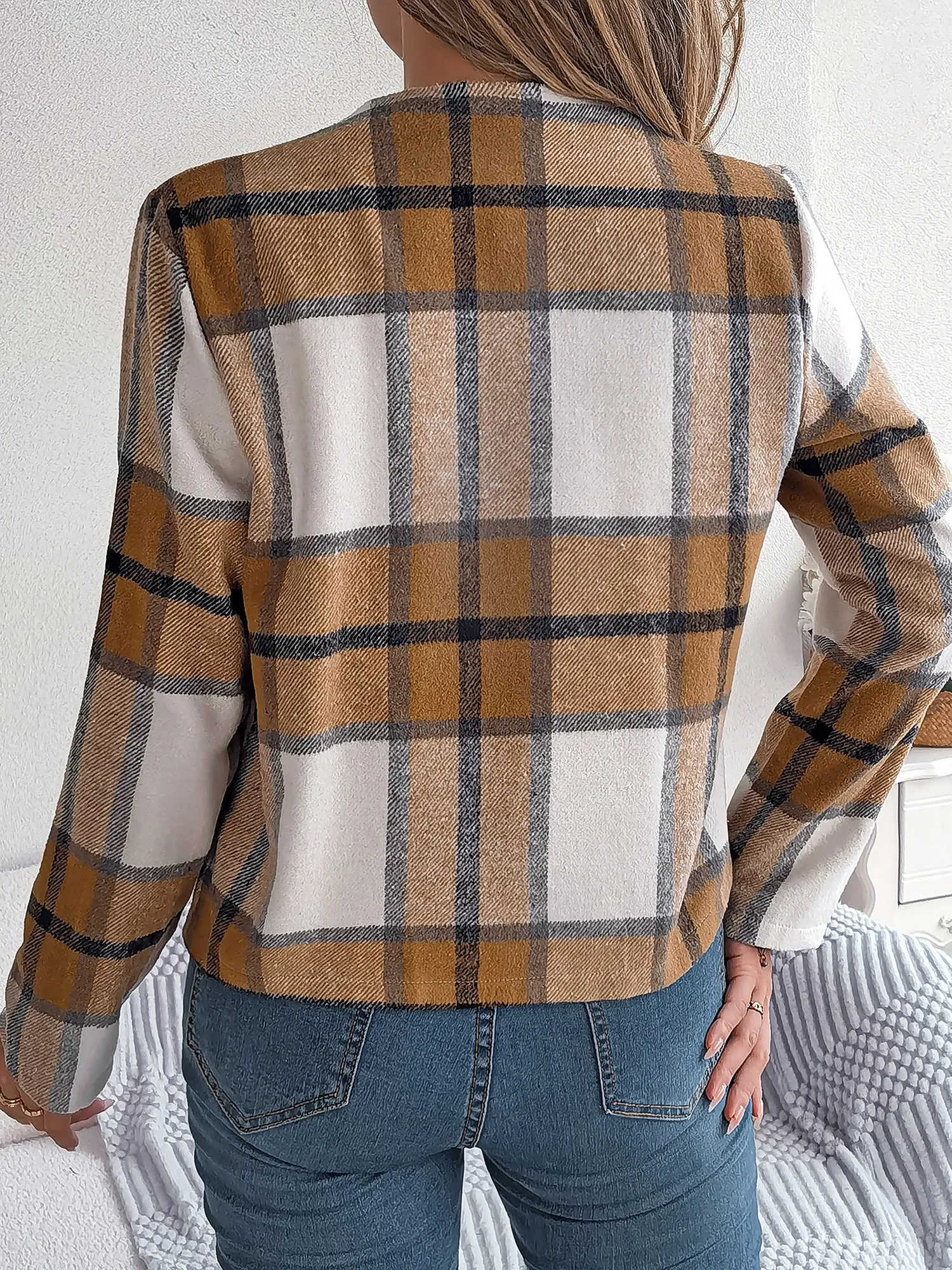 Plaid Long Sleeves Open Front Cropped Jacket sold by Allegra K product image thumbnail 2