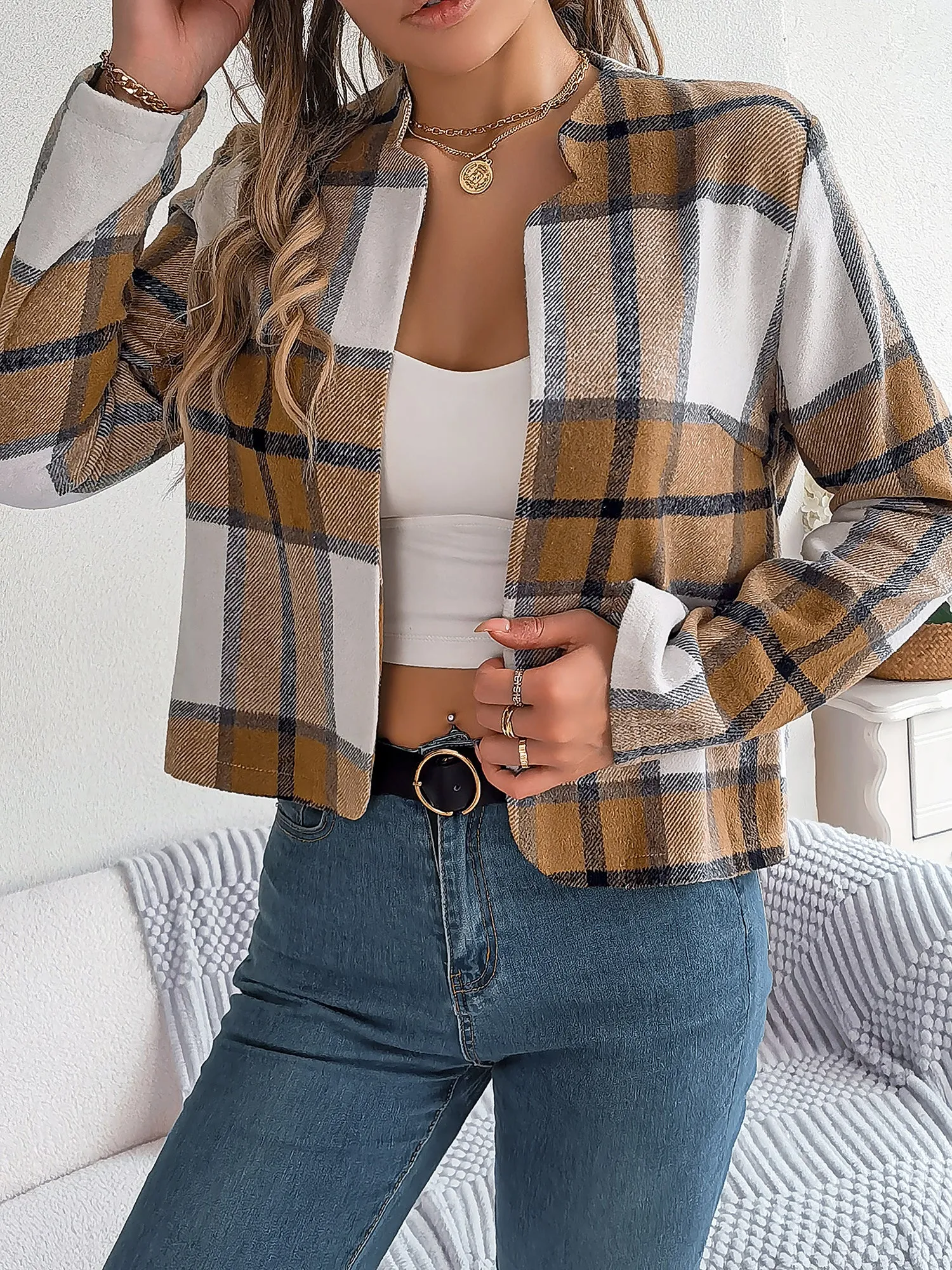 Plaid Long Sleeves Open Front Cropped Jacket sold by Allegra K product image thumbnail 4