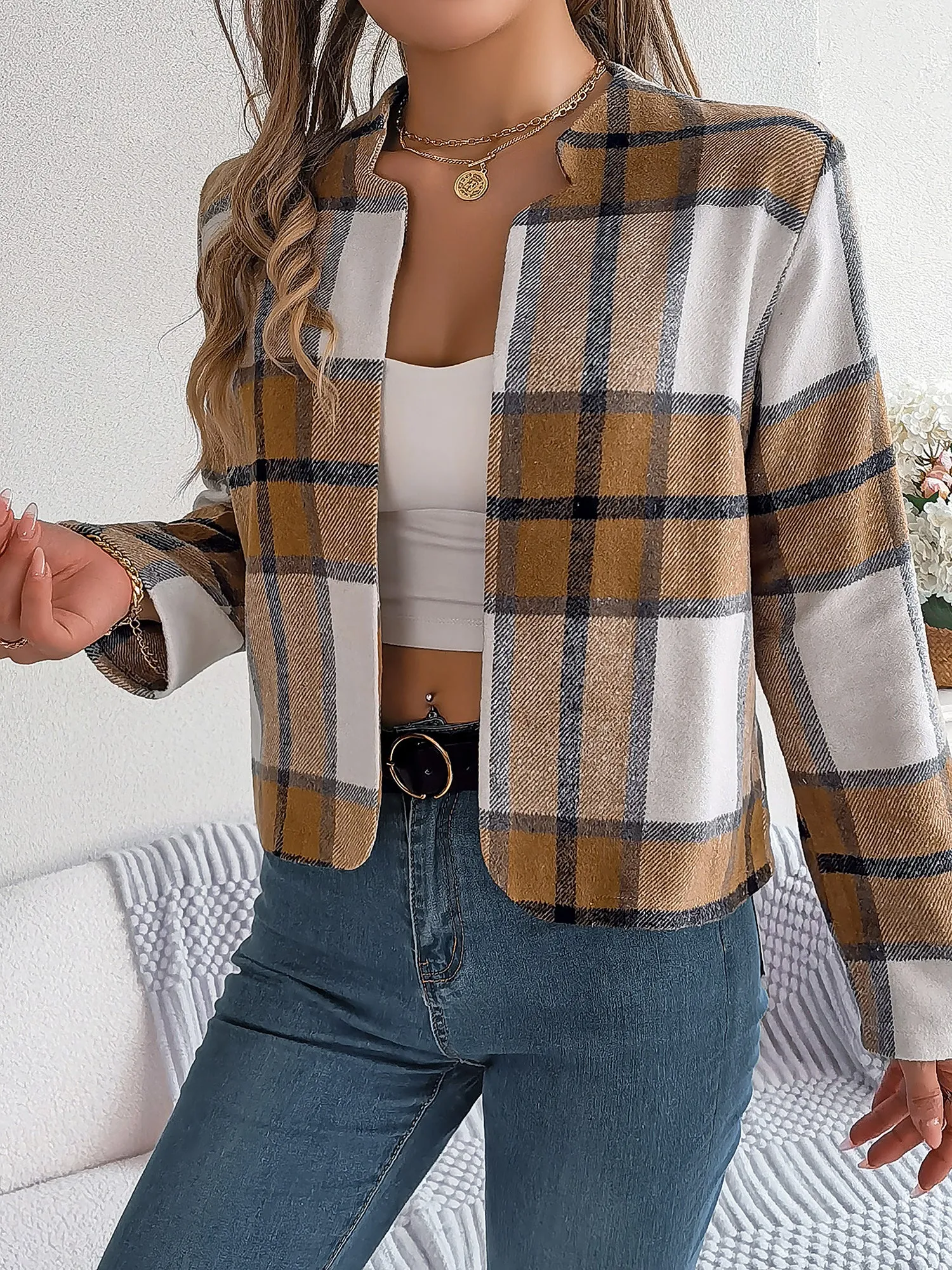 Plaid Long Sleeves Open Front Cropped Jacket sold by Allegra K product image thumbnail 5