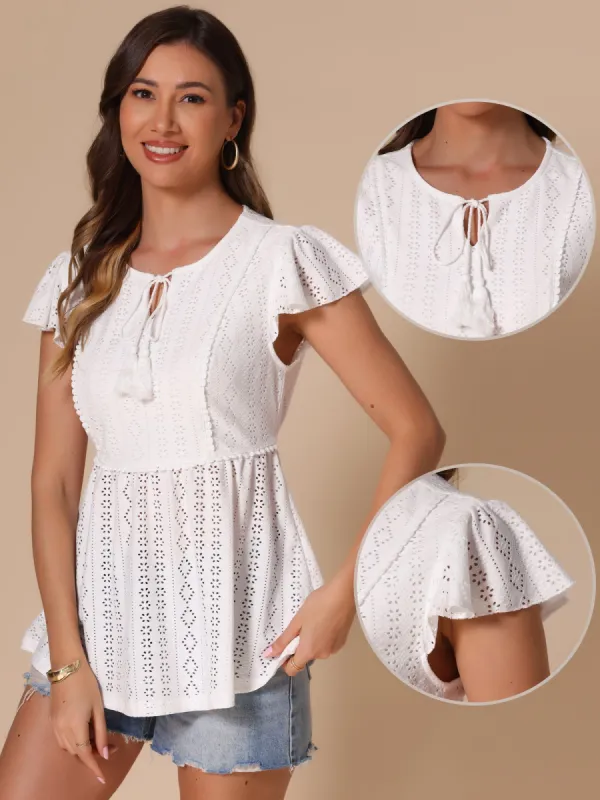 Eyelet Cap Sleeves Tie Neck Summer Blouse sold by Allegra K