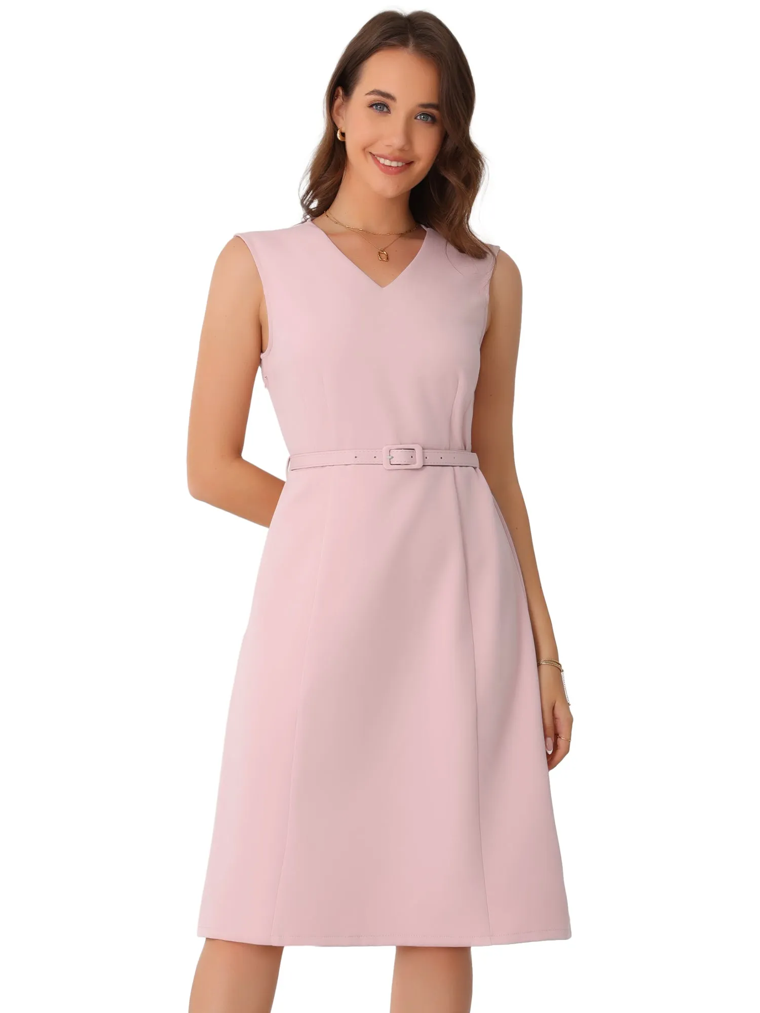 V Neck Sleeveless Belted A-Line Midi Work Dress sold by Allegra K product image thumbnail 5