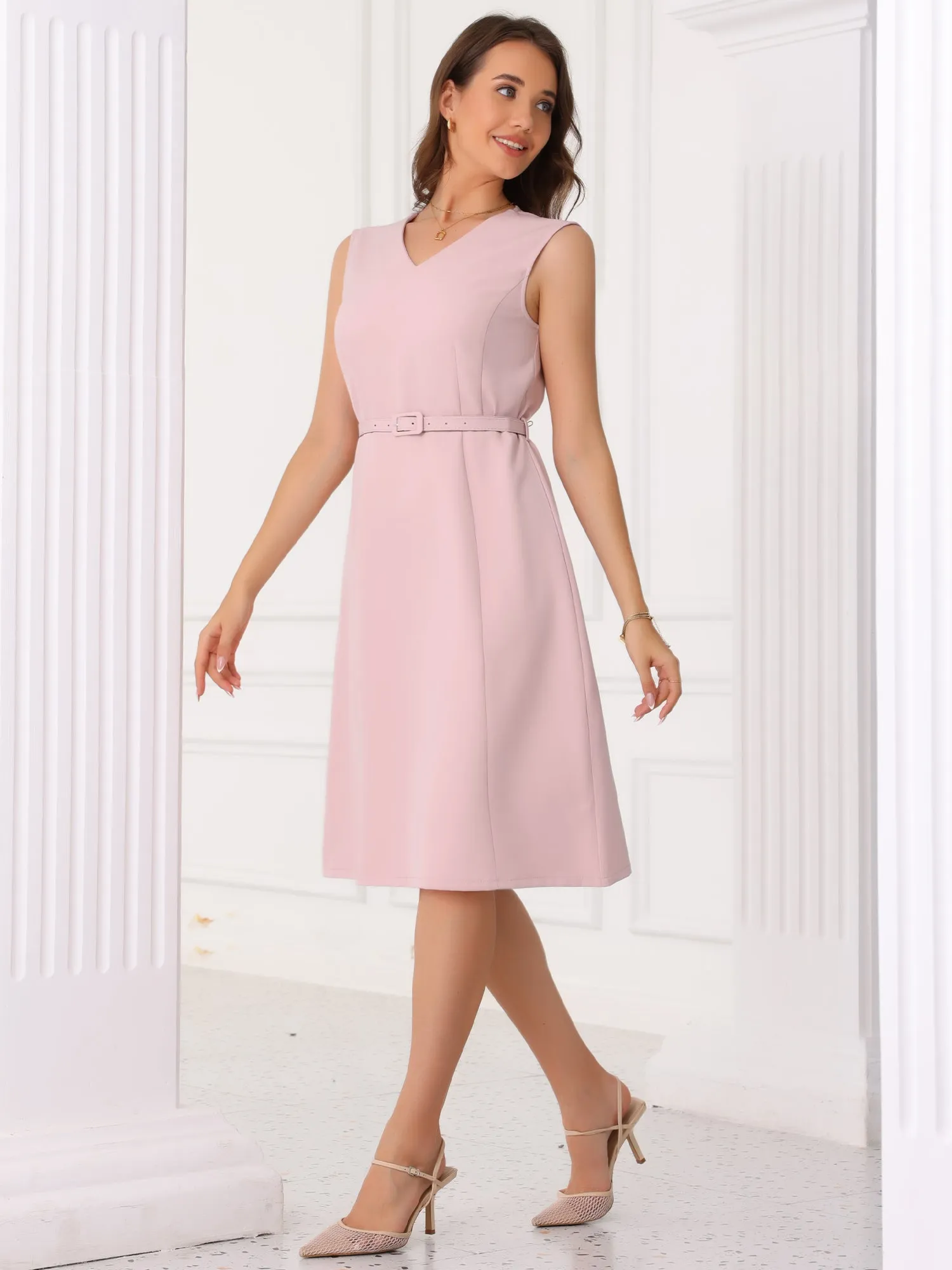 V Neck Sleeveless Belted A-Line Midi Work Dress sold by Allegra K product image thumbnail 3