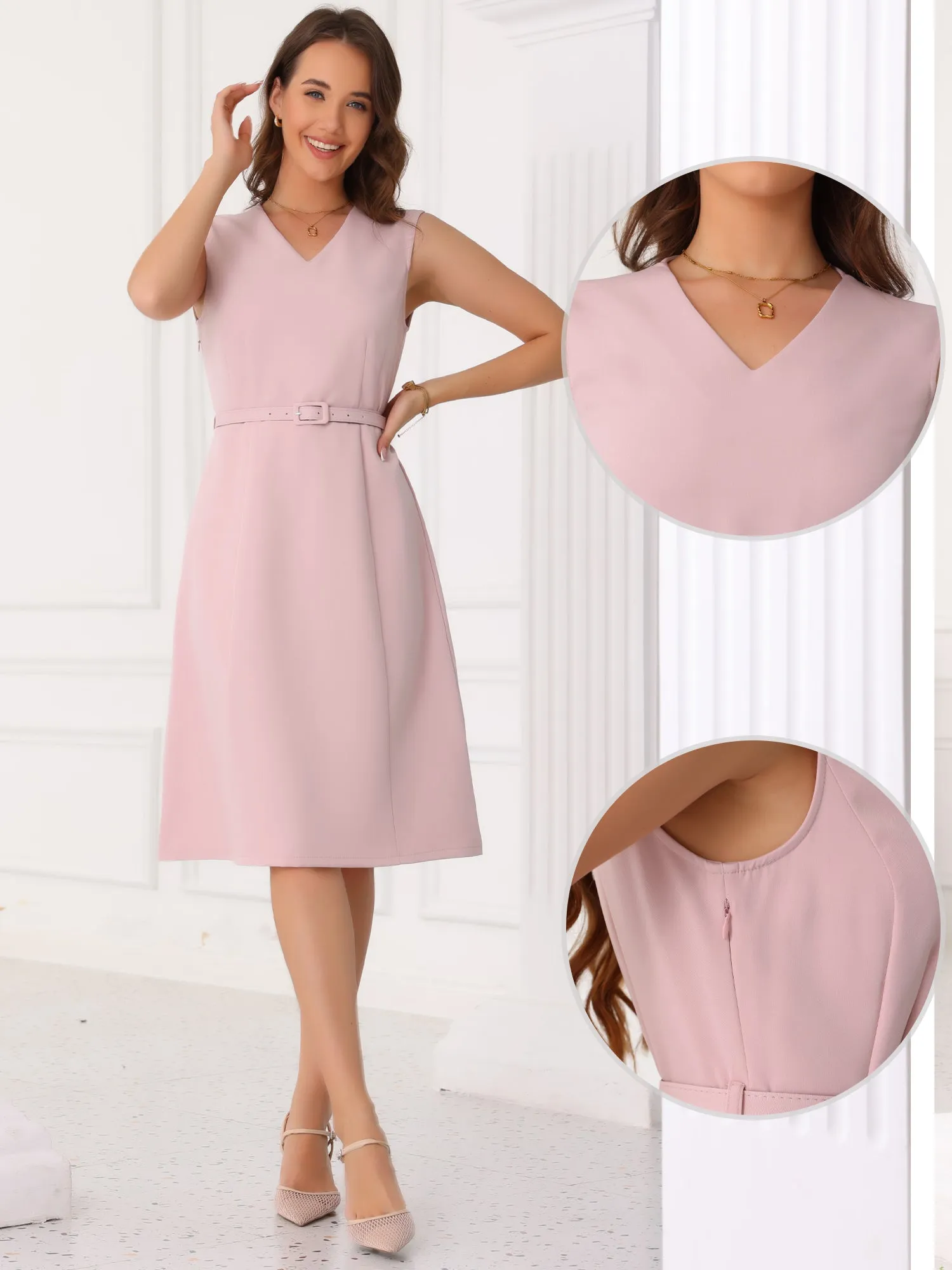 V Neck Sleeveless Belted A-Line Midi Work Dress sold by Allegra K