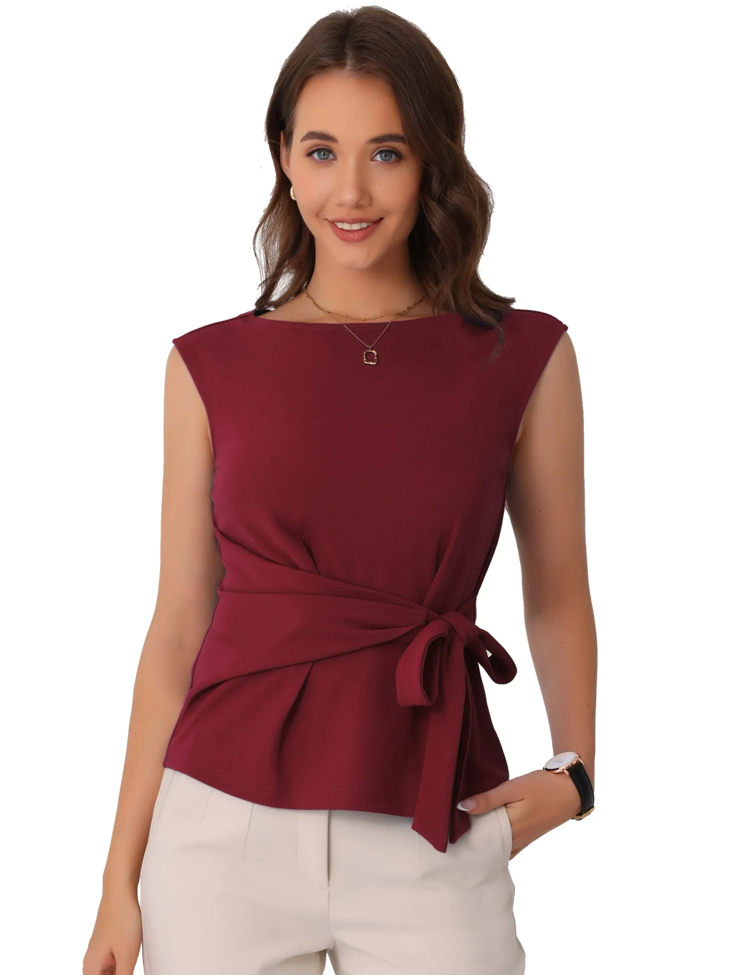 Tie Front Boat Neck Sleeveless Work Blouse sold by Allegra K product image thumbnail 4