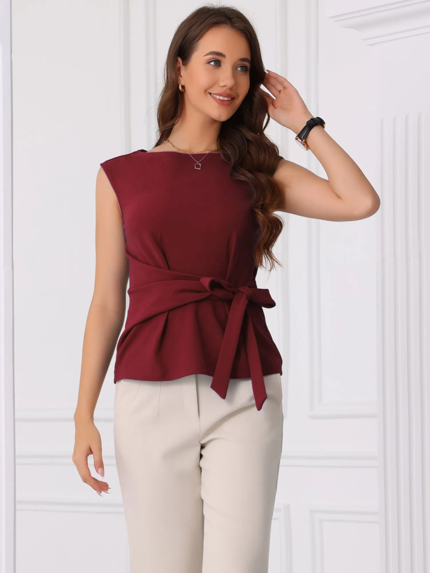 Tie Front Boat Neck Sleeveless Work Blouse sold by Allegra K