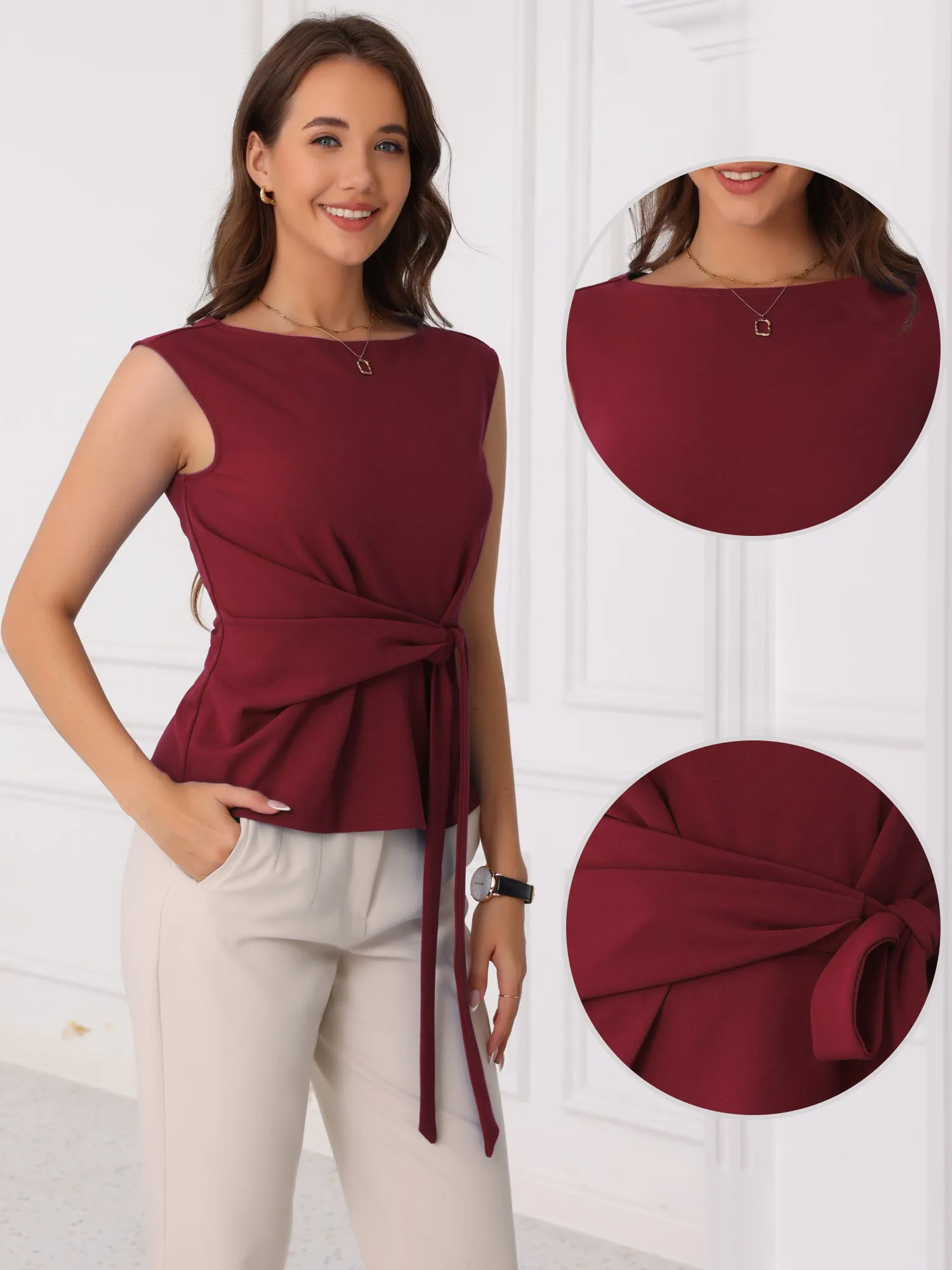 Tie Front Boat Neck Sleeveless Work Blouse sold by Allegra K product image thumbnail 2