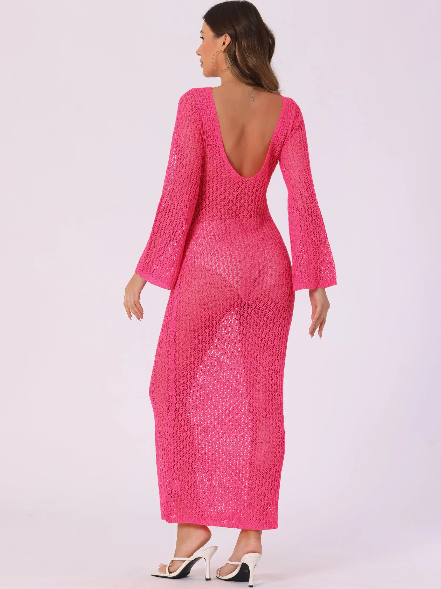 Long Sleeve Hollow Out Swim Cover Up Beach Crochet Dress sold by Allegra K product image thumbnail 3