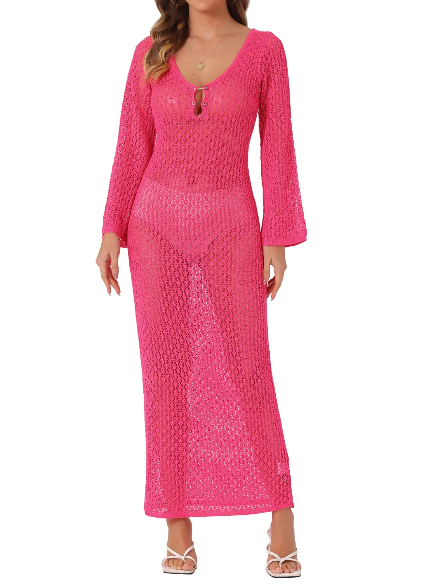 Long Sleeve Hollow Out Swim Cover Up Beach Crochet Dress sold by Allegra K product image thumbnail 5