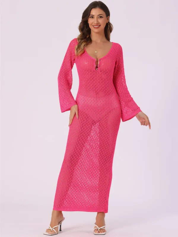 Long Sleeve Hollow Out Swim Cover Up Beach Crochet Dress sold by Allegra K