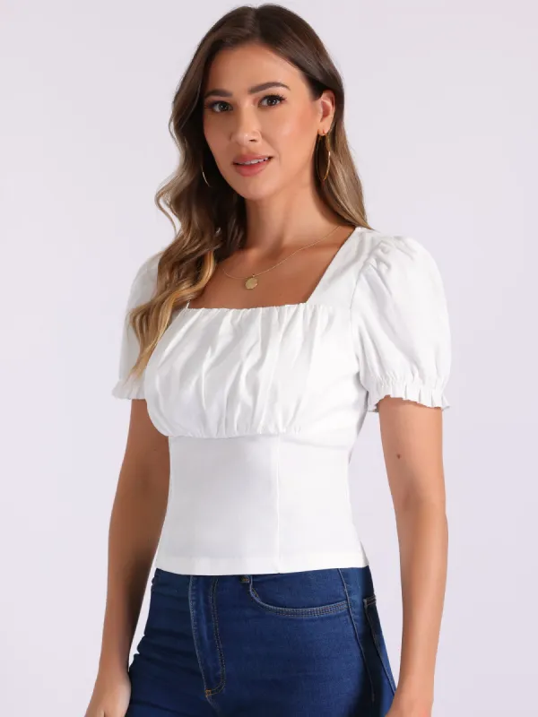 Square Neck Ruched Puff Sleeve Cropped Blouse sold by Allegra K